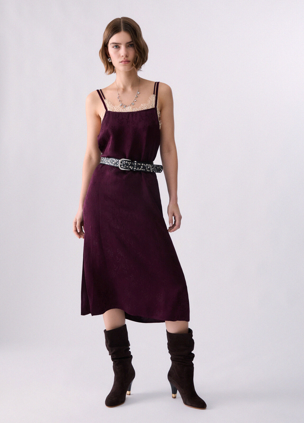 Abito lingerie in raso jacquard - AUBERGINE