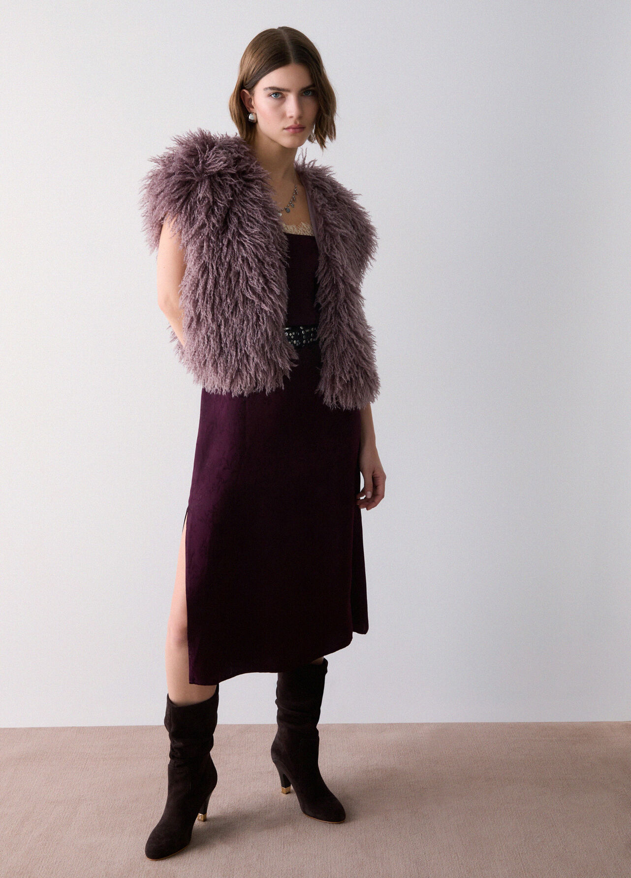 Abito lingerie in raso jacquard - AUBERGINE