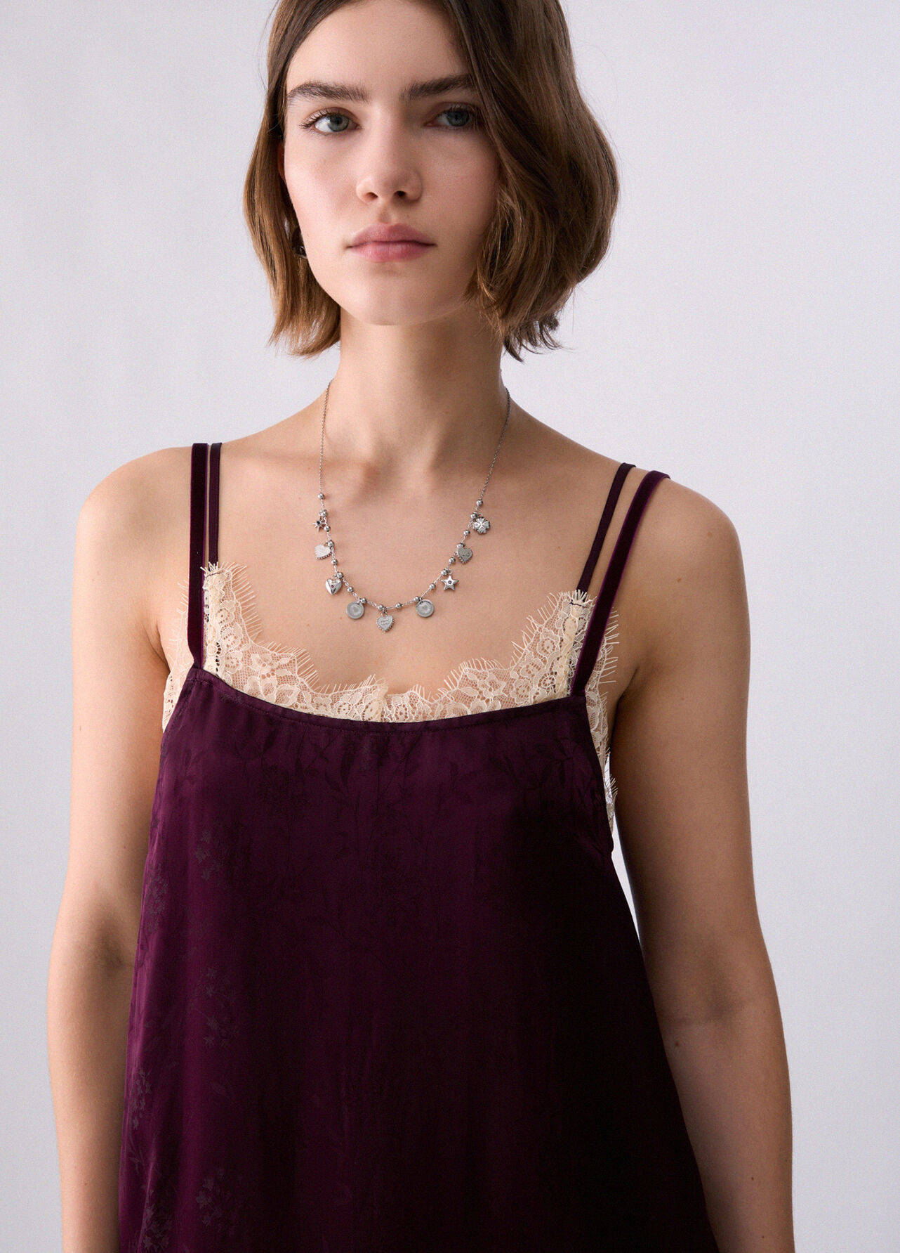 Abito lingerie in raso jacquard - AUBERGINE