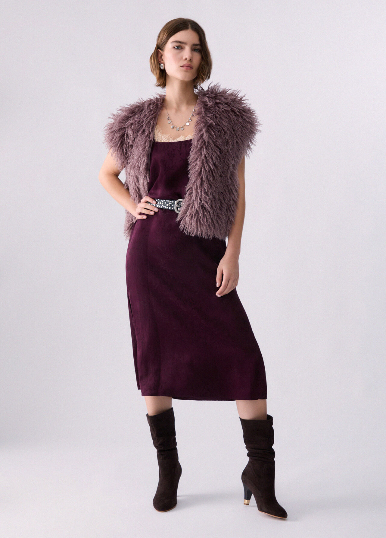 Abito lingerie in raso jacquard - AUBERGINE
