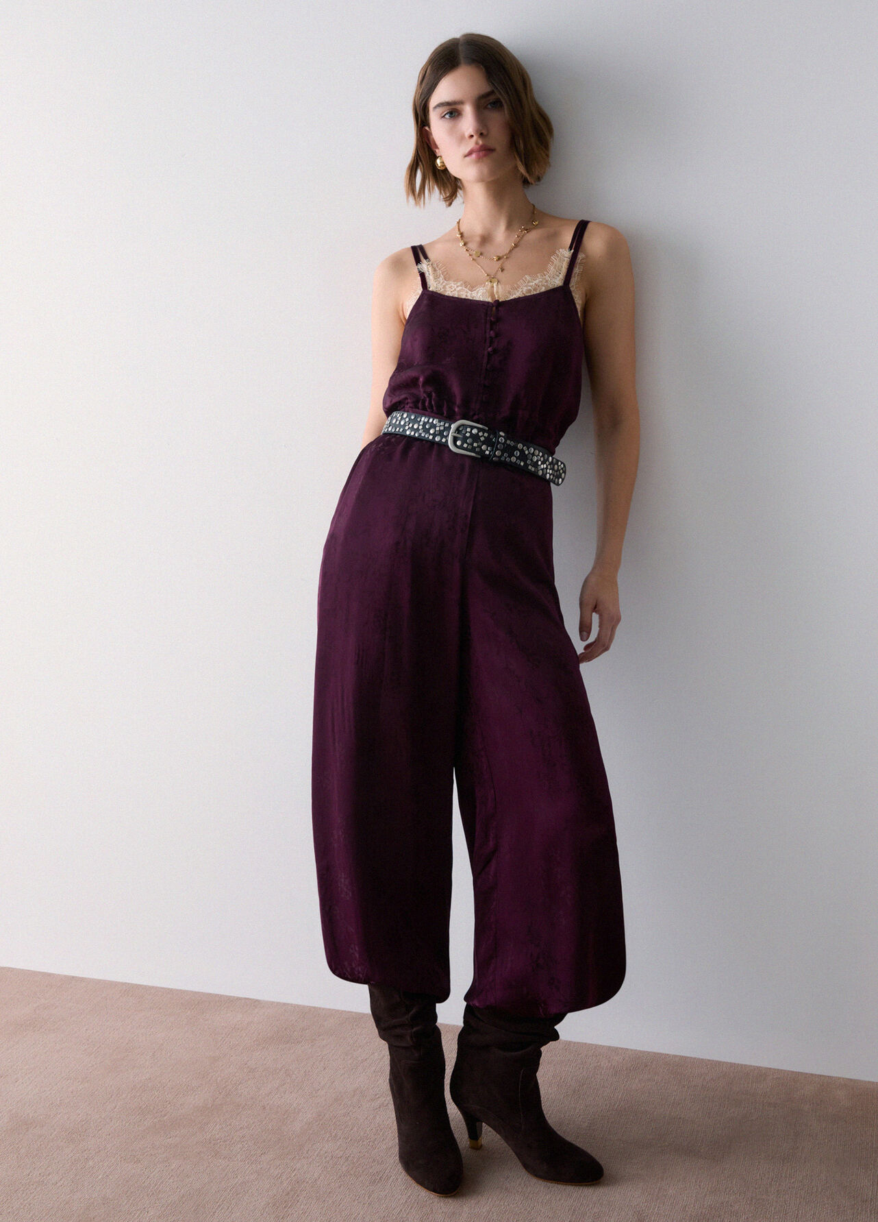 Top lingerie in raso jacquard - AUBERGINE