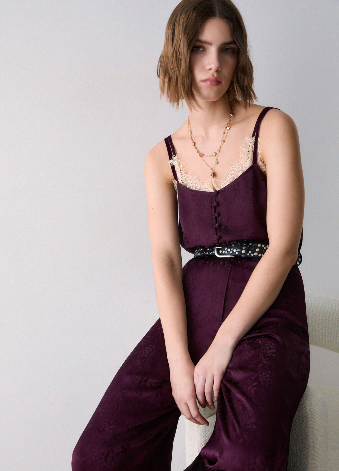 Top lingerie in raso jacquard - AUBERGINE