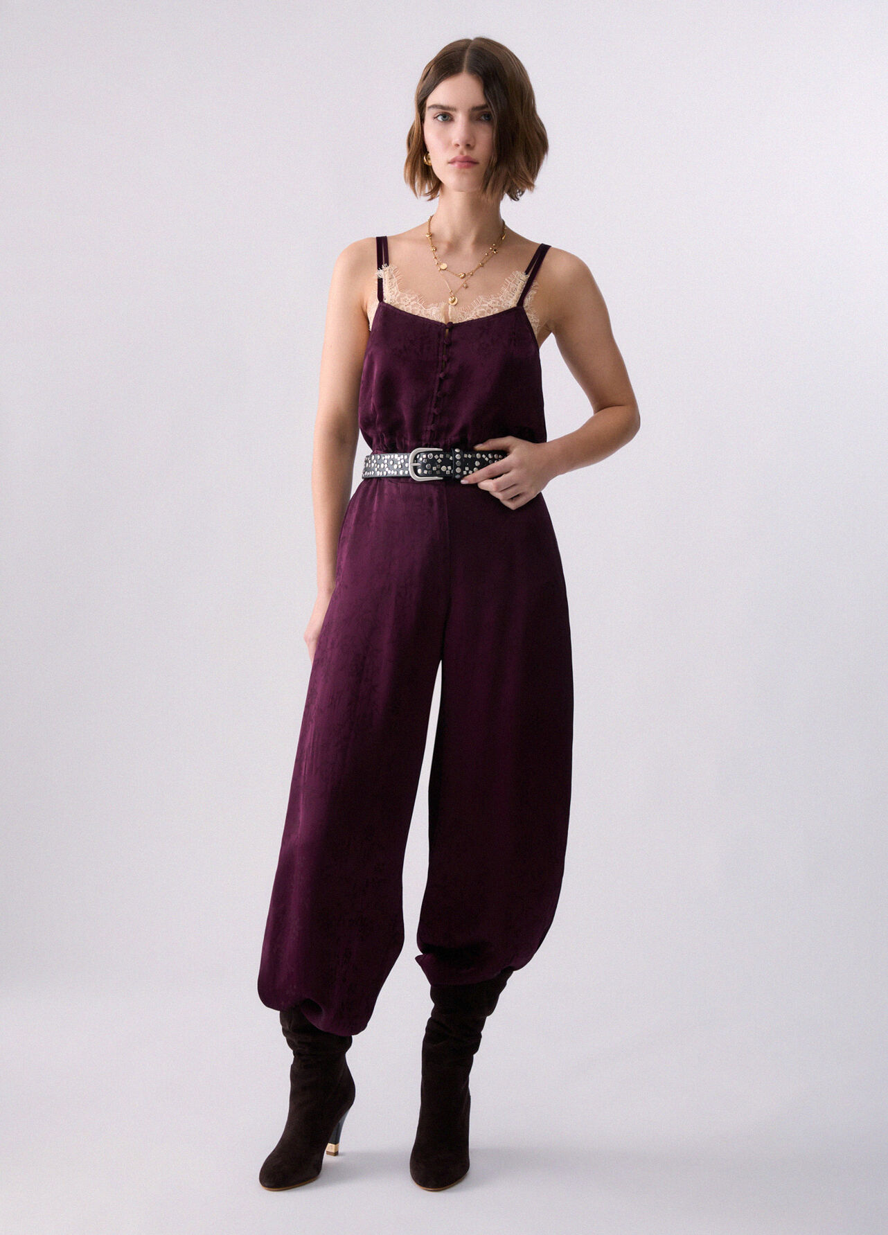 Pantaloni balloon in raso jacquard - AUBERGINE