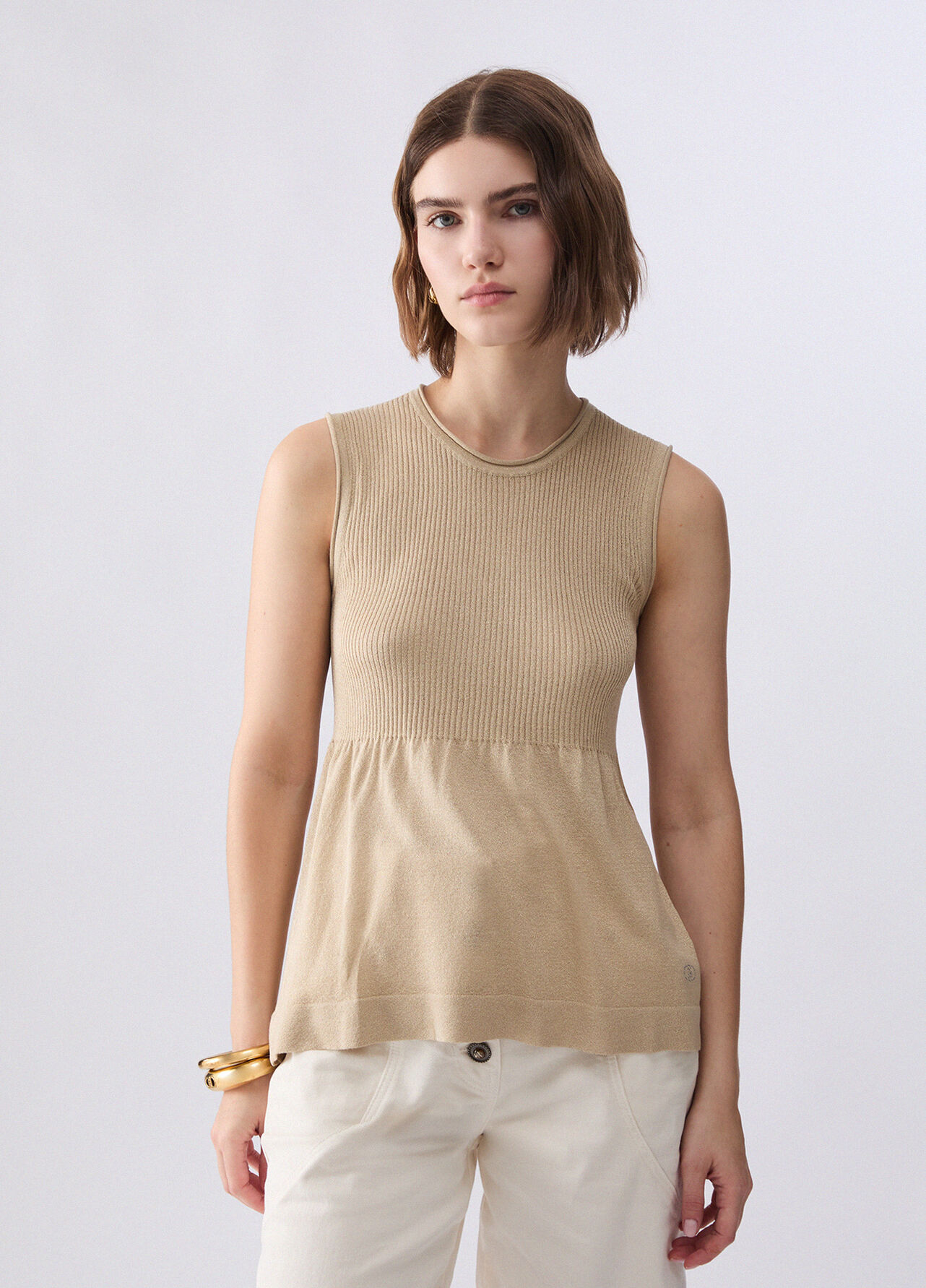 Top in maglia lamé - BEIGE