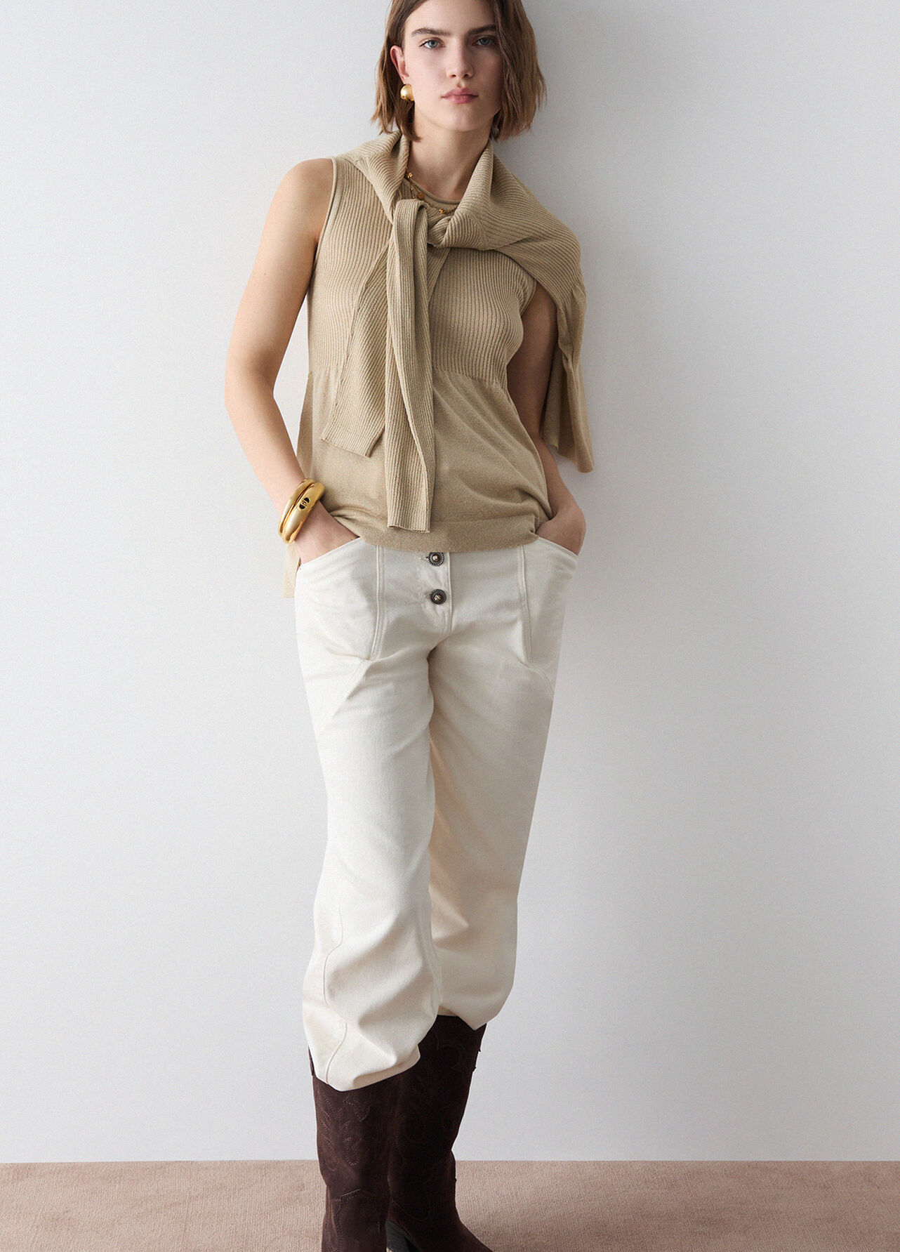Top in maglia lamé - BEIGE