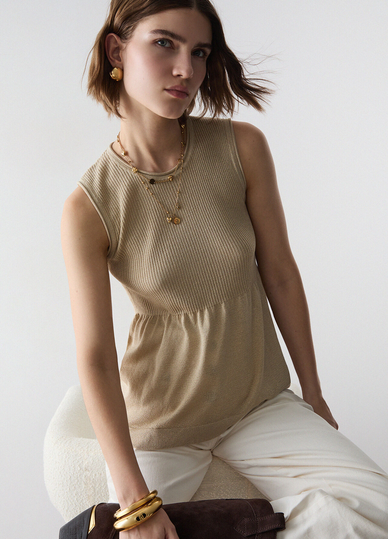 Top in maglia lamé - BEIGE