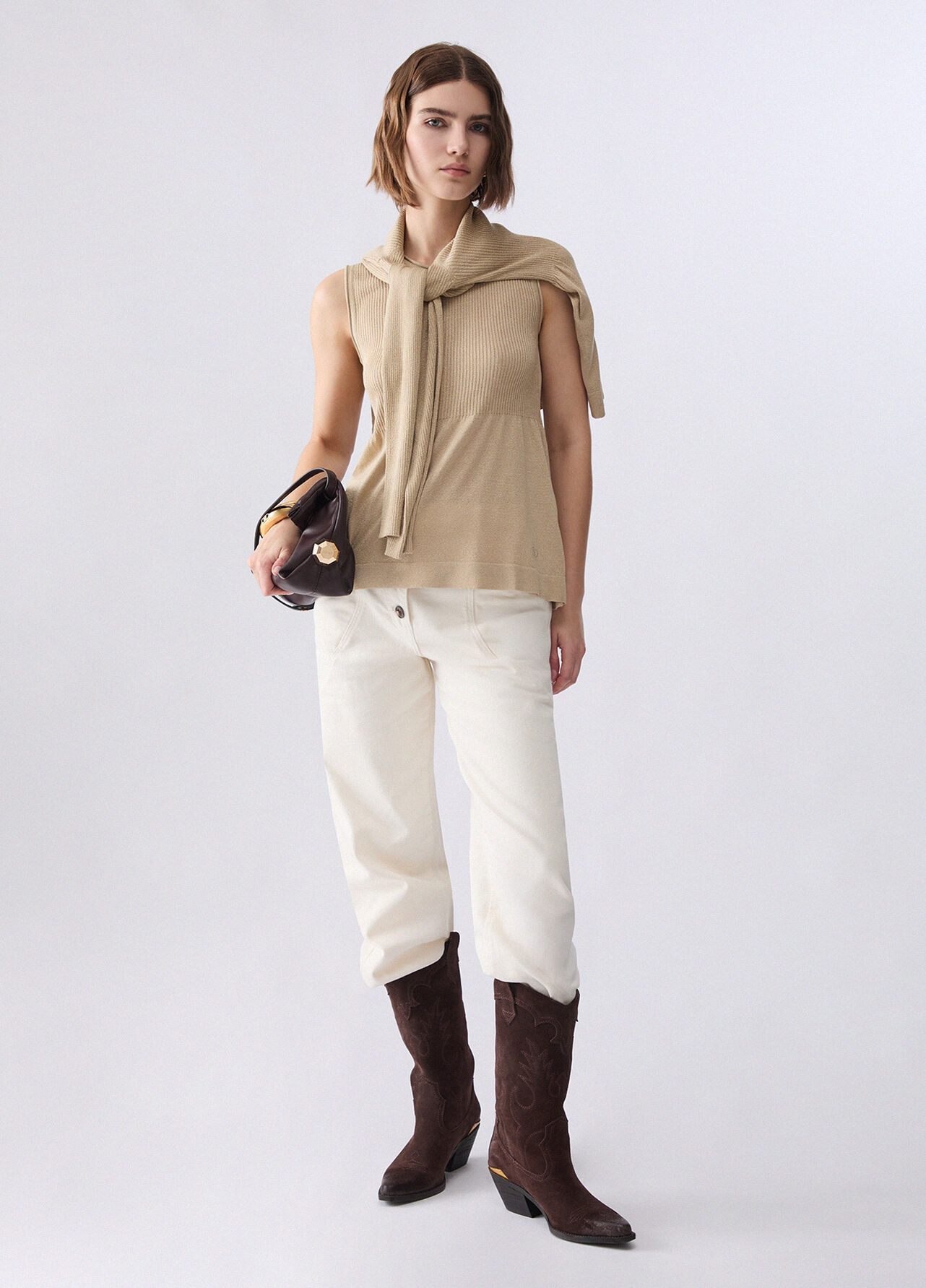Top in maglia lamé - BEIGE