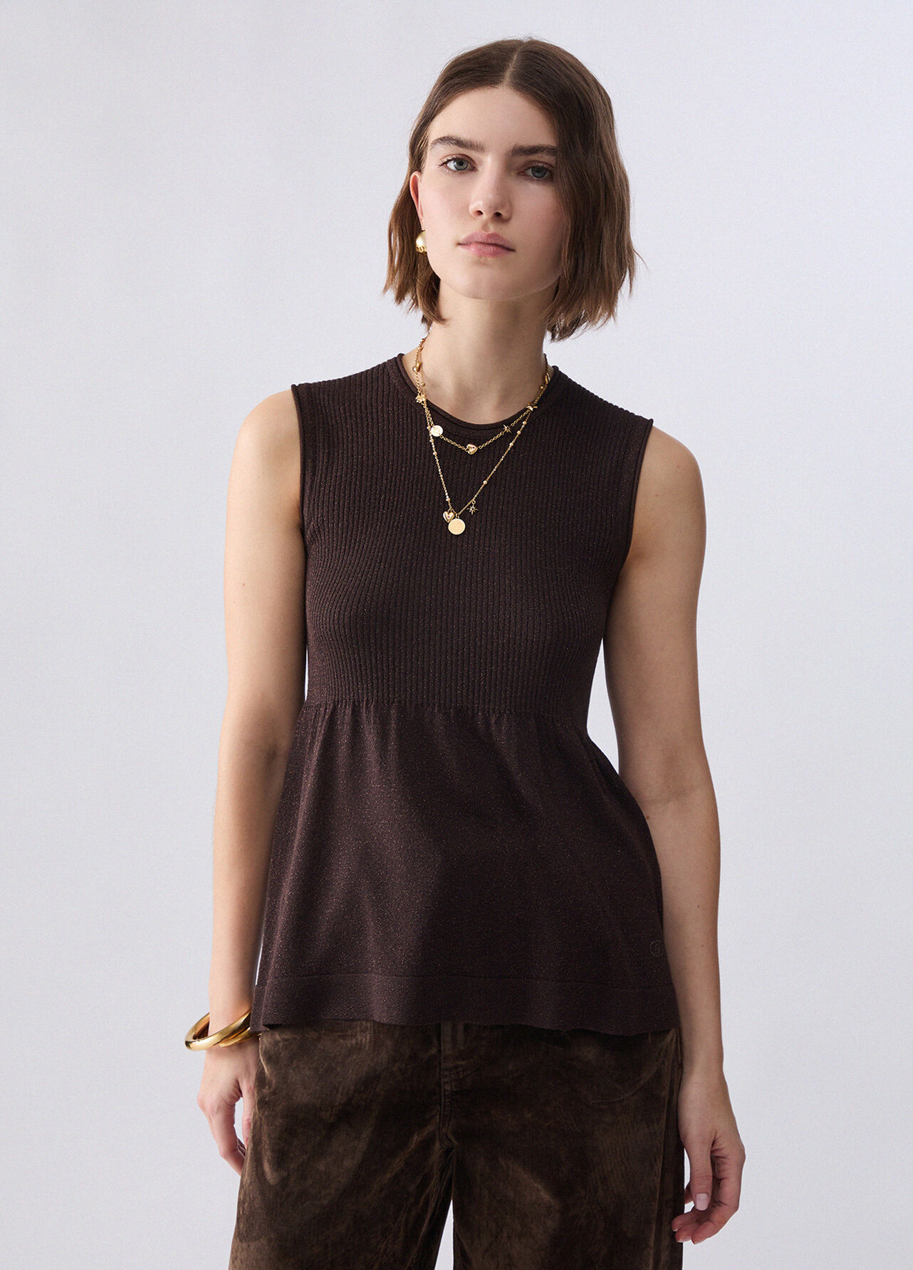 Top in maglia lamé - DARK BROWN