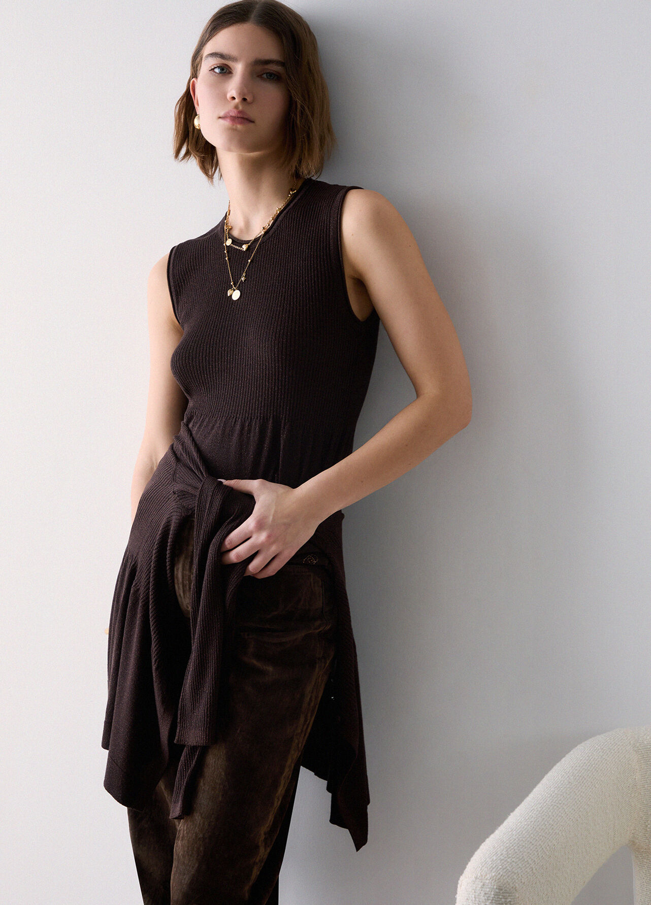 Top in maglia lamé - DARK BROWN