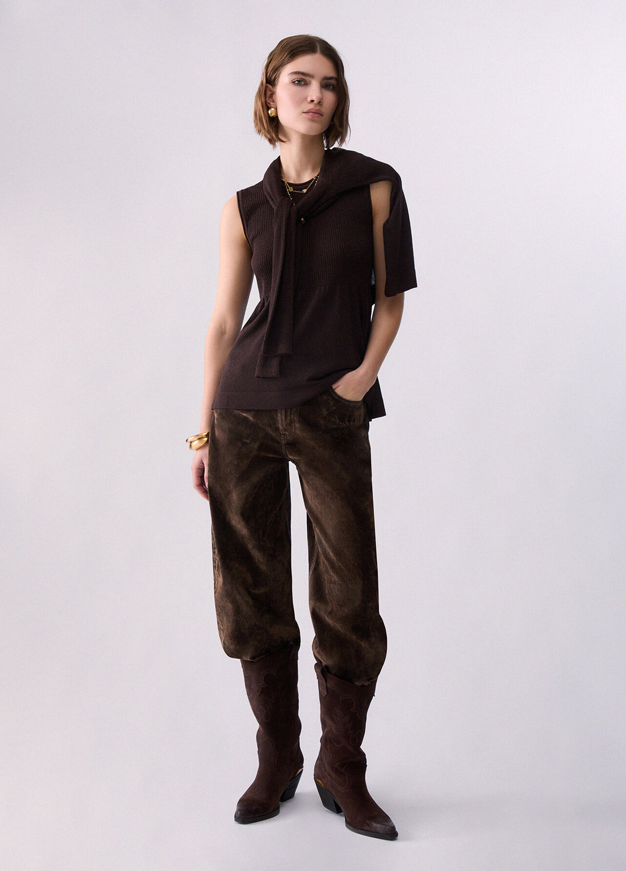 Top in maglia lamé - DARK BROWN