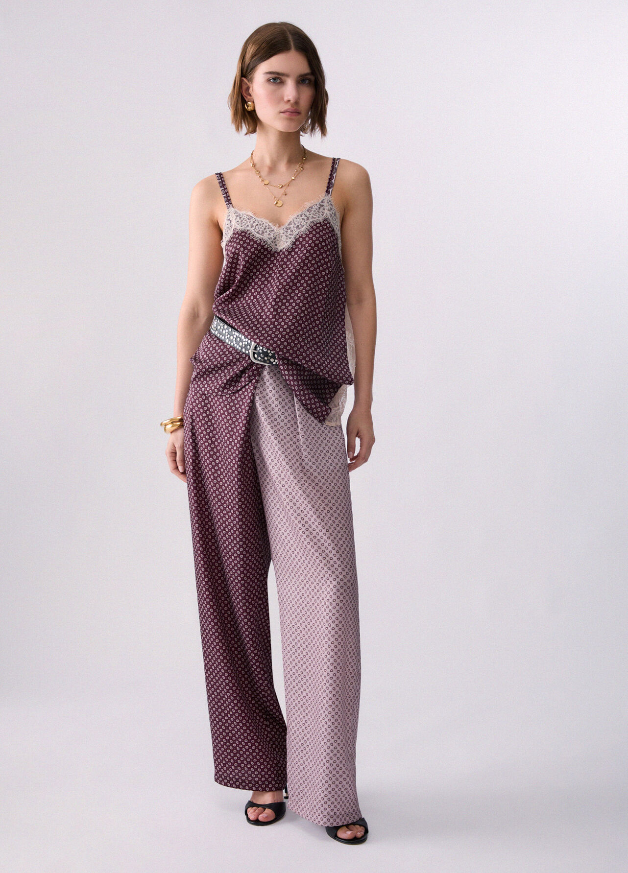 Pantaloni bicolor in twill - AUBERGINE