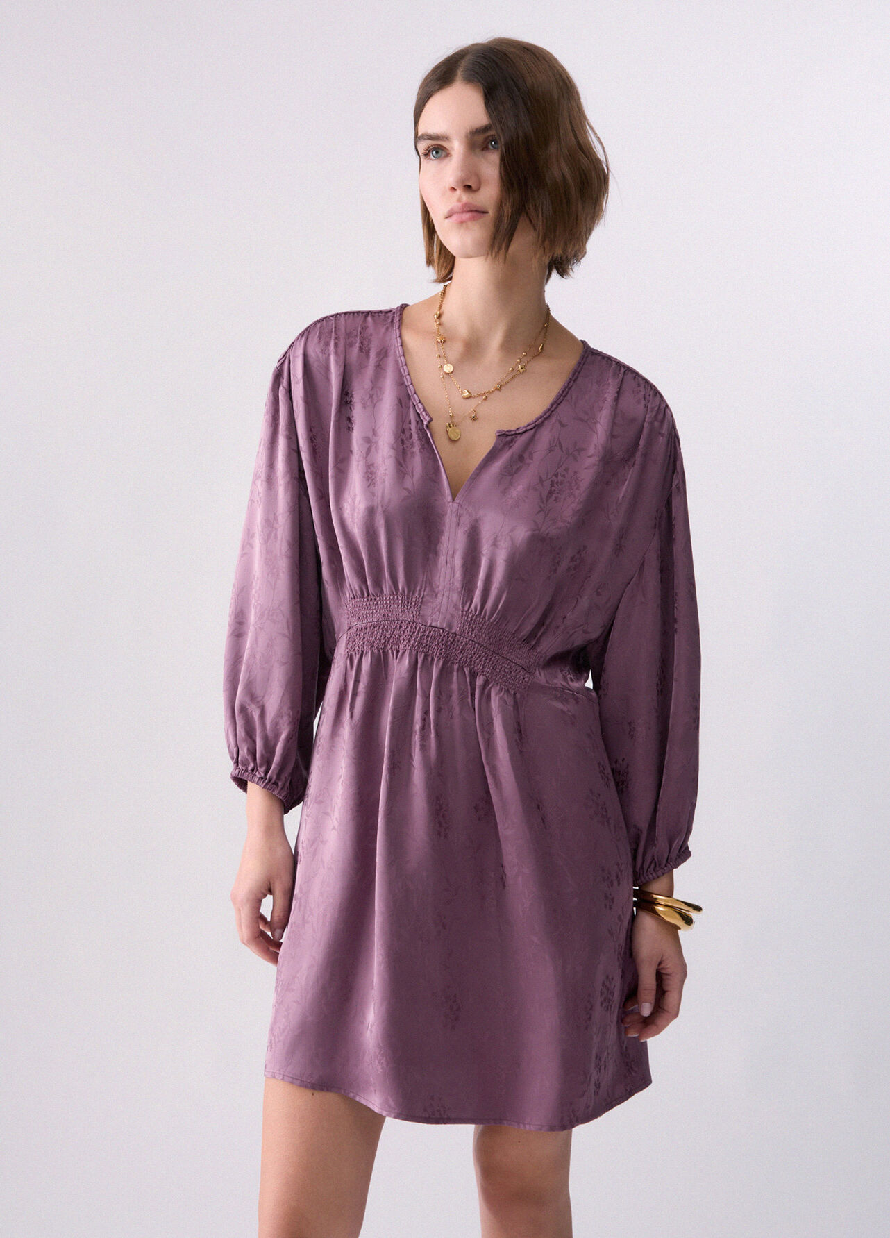 Abito corto in raso jacquard - PINK