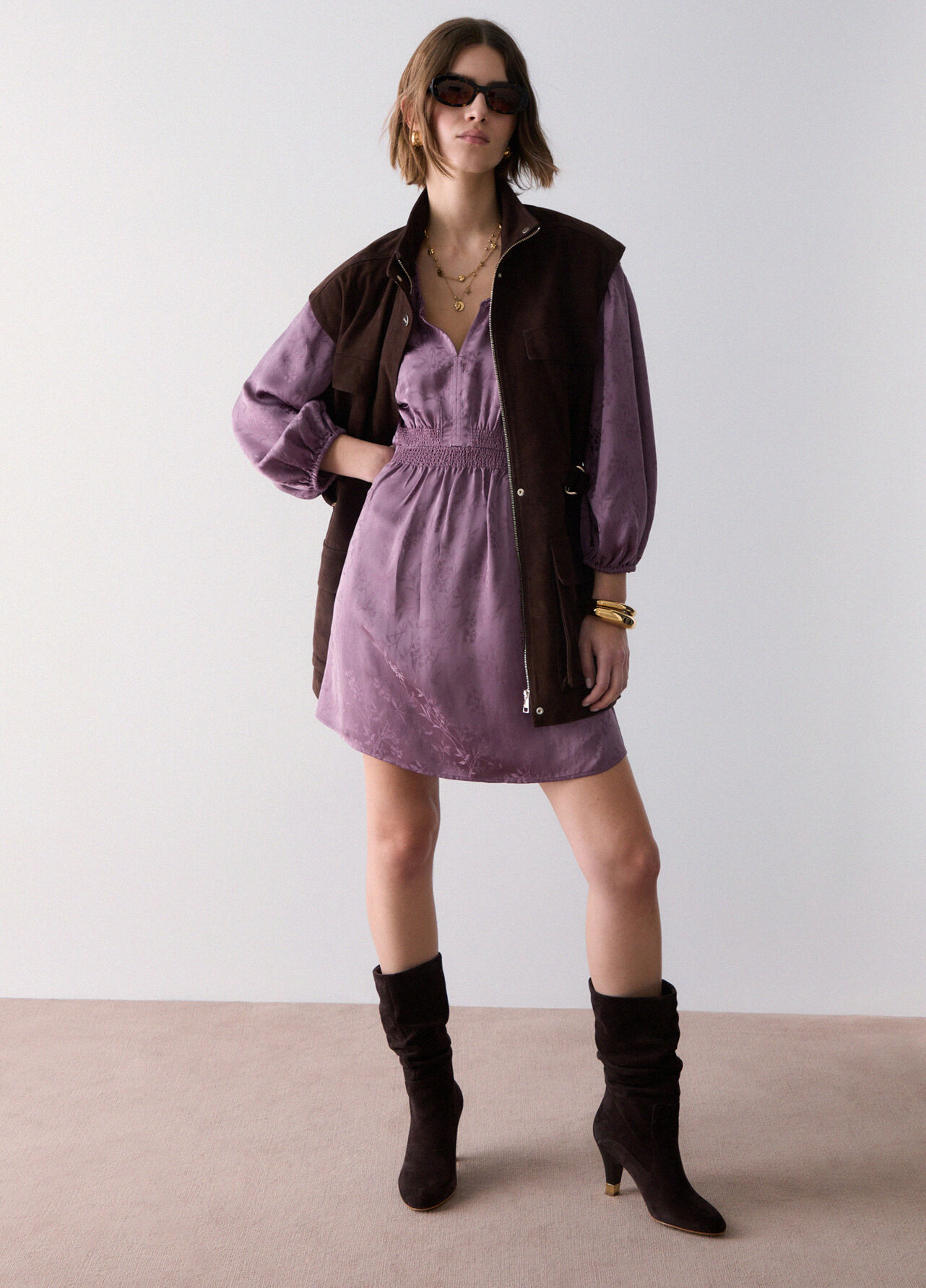 Abito corto in raso jacquard - PINK