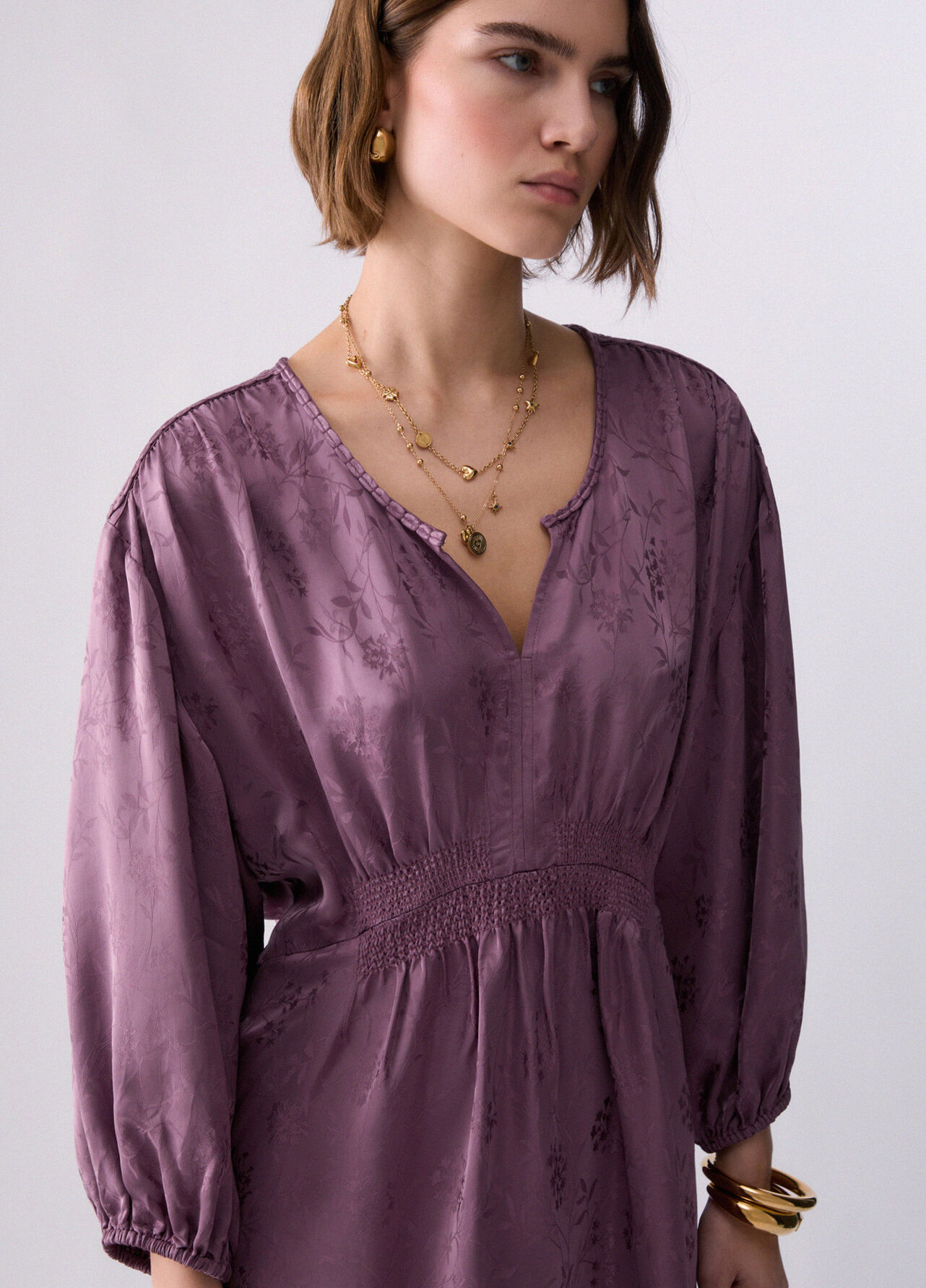 Abito corto in raso jacquard - PINK