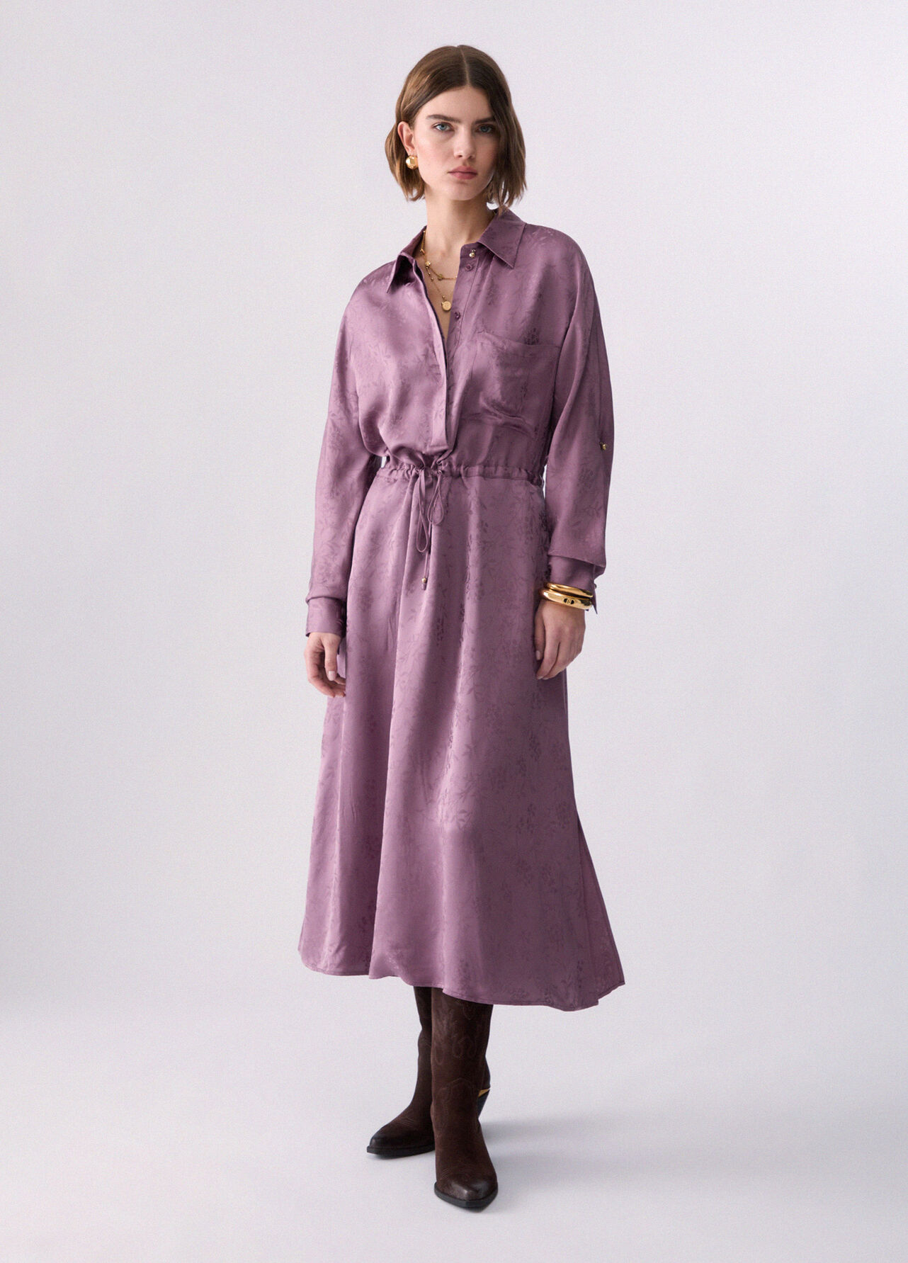 Abito midi in raso jacquard - PINK