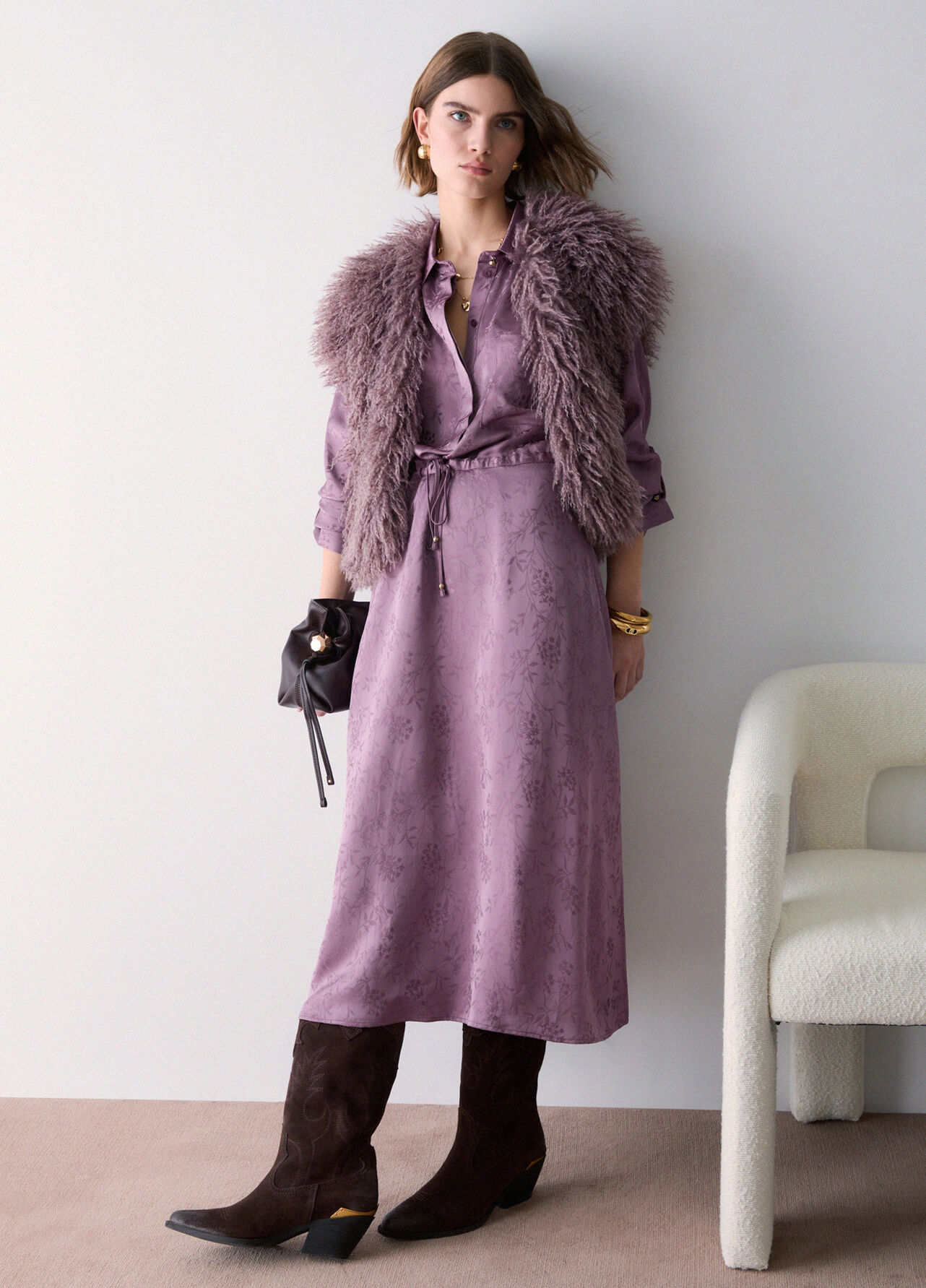 Abito midi in raso jacquard - PINK