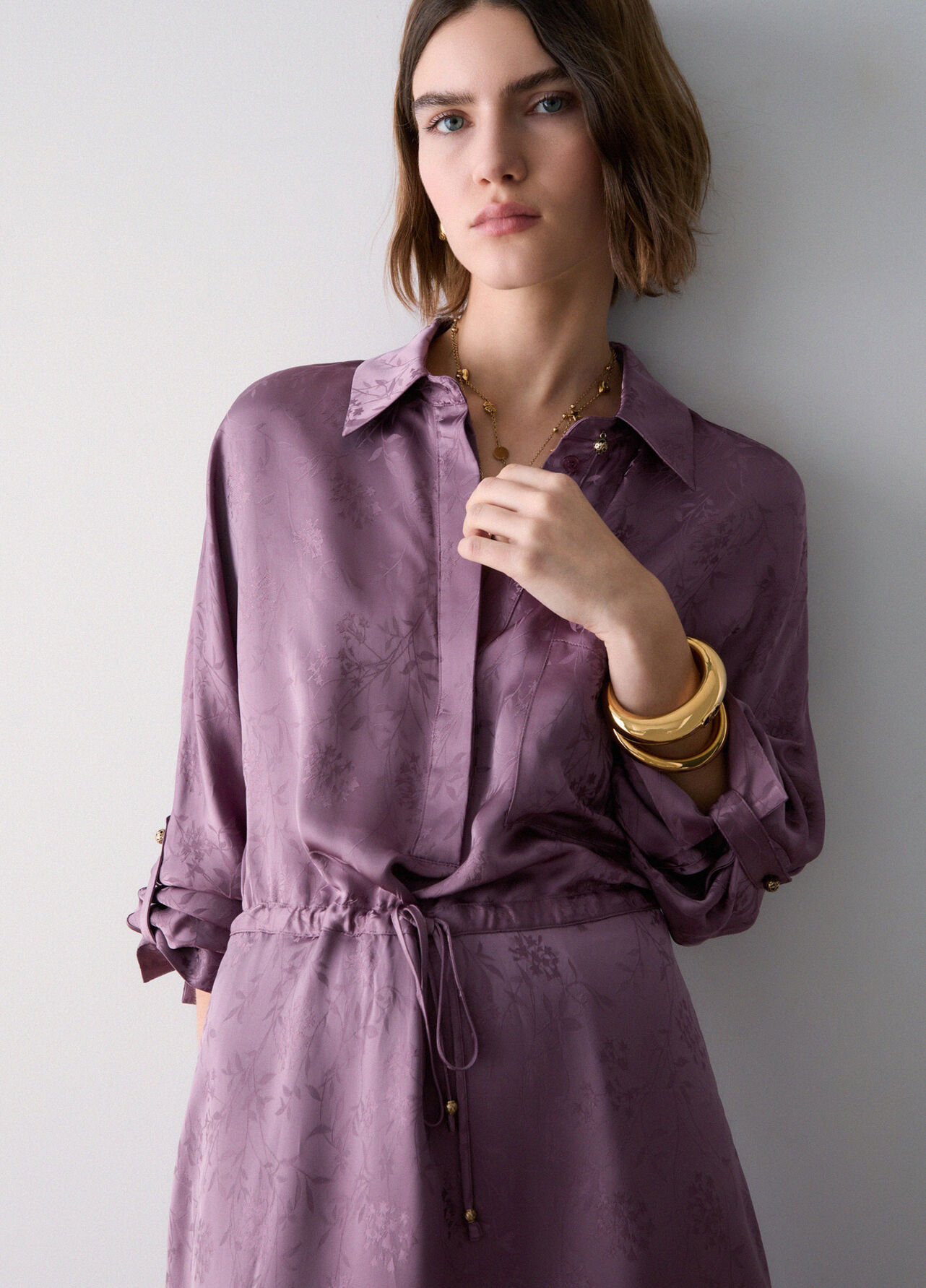 Abito midi in raso jacquard - PINK