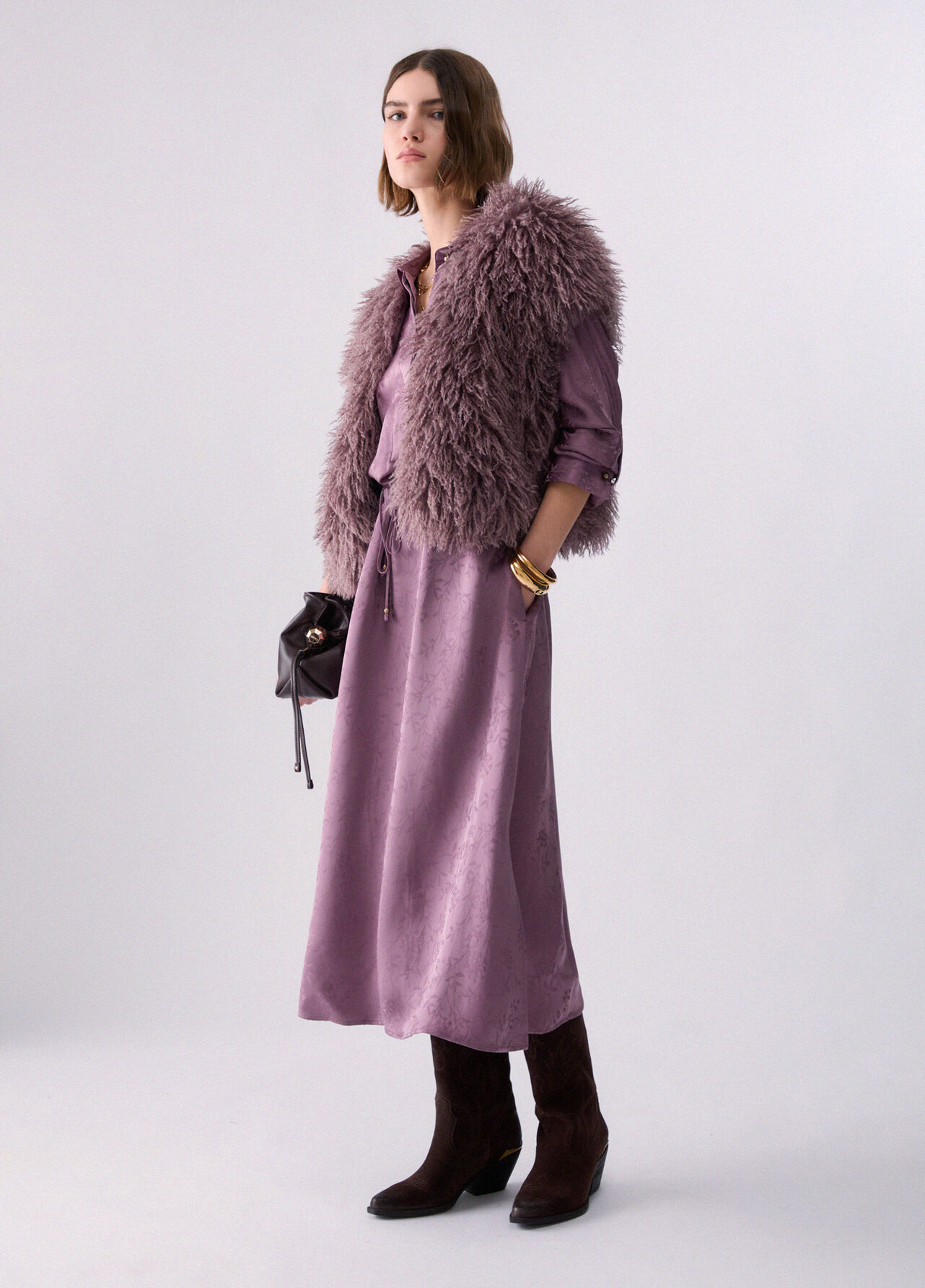 Abito midi in raso jacquard - PINK