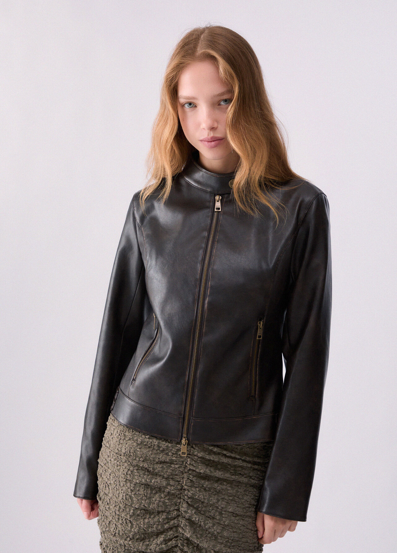 Giacca biker in tessuto spalmato - DARK BROWN