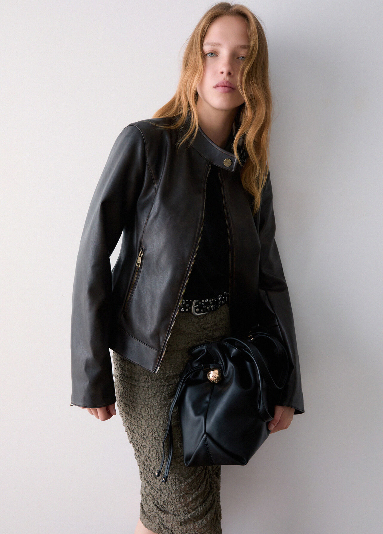 Giacca biker in tessuto spalmato - DARK BROWN