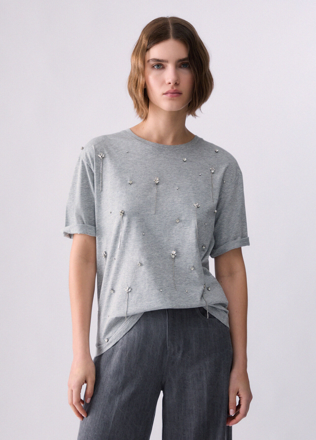 T-shirt con ricami gioiello - GREY