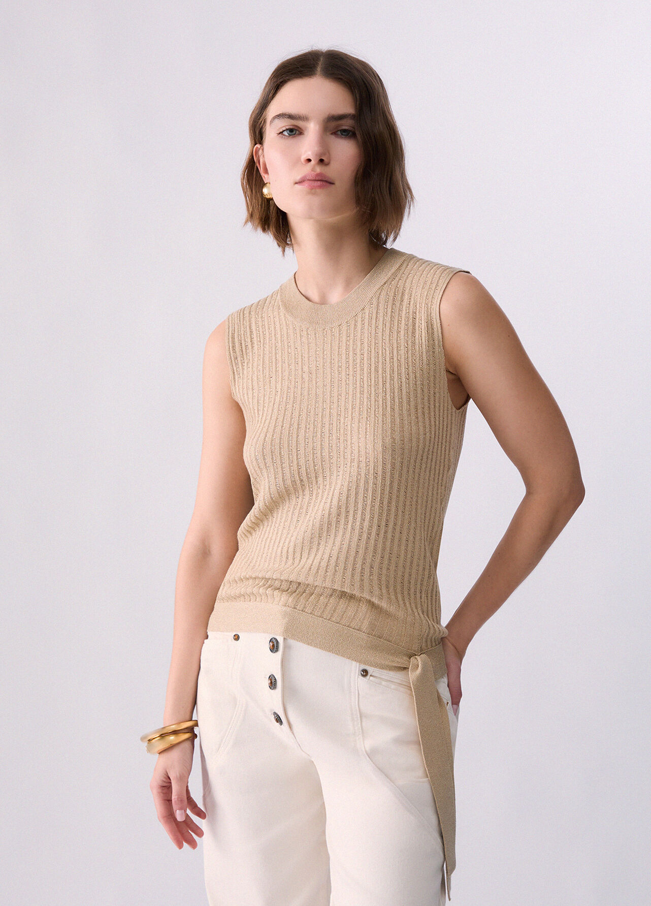 Top in maglia con fiocco - BEIGE