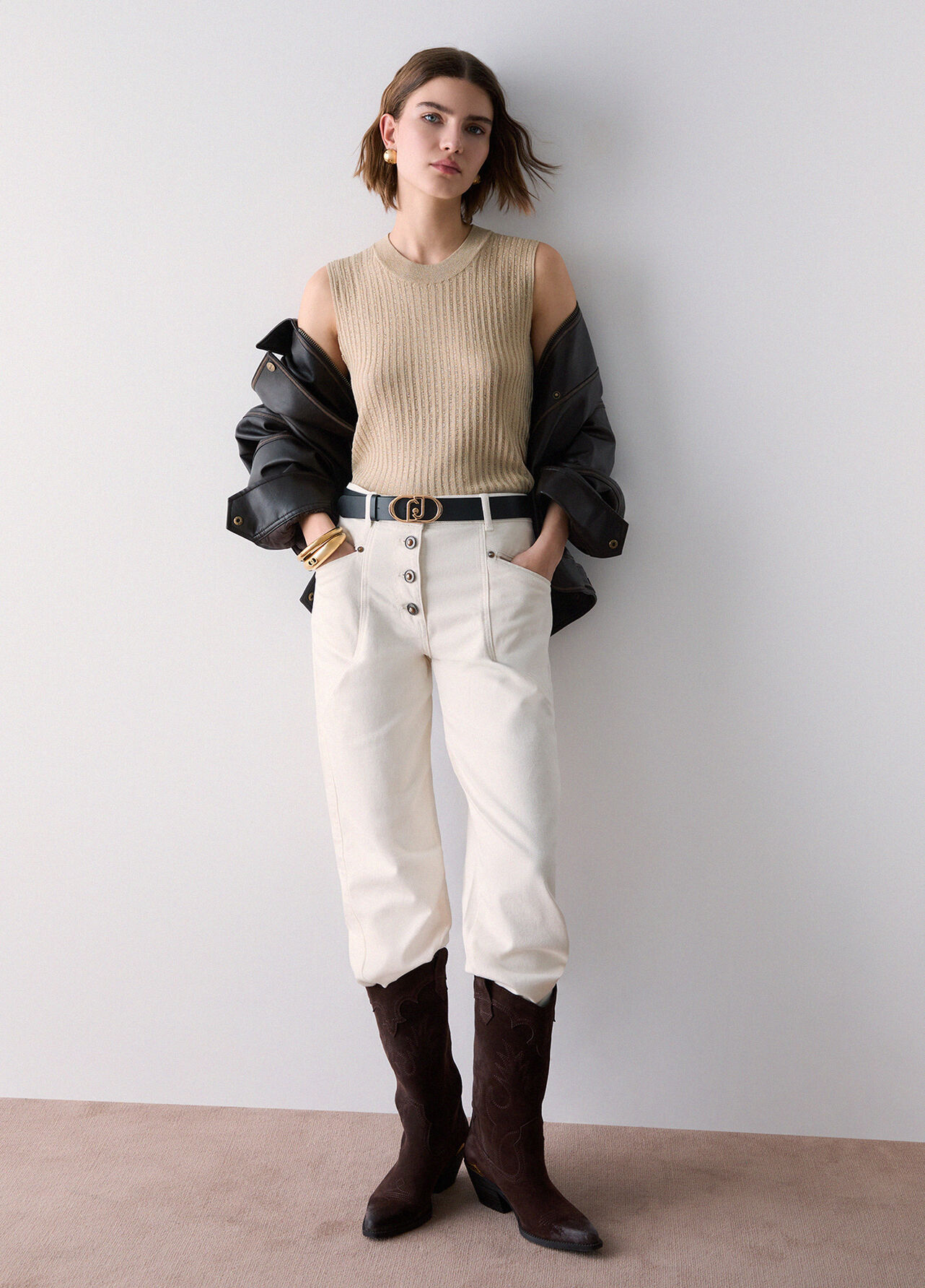 Top in maglia con fiocco - BEIGE