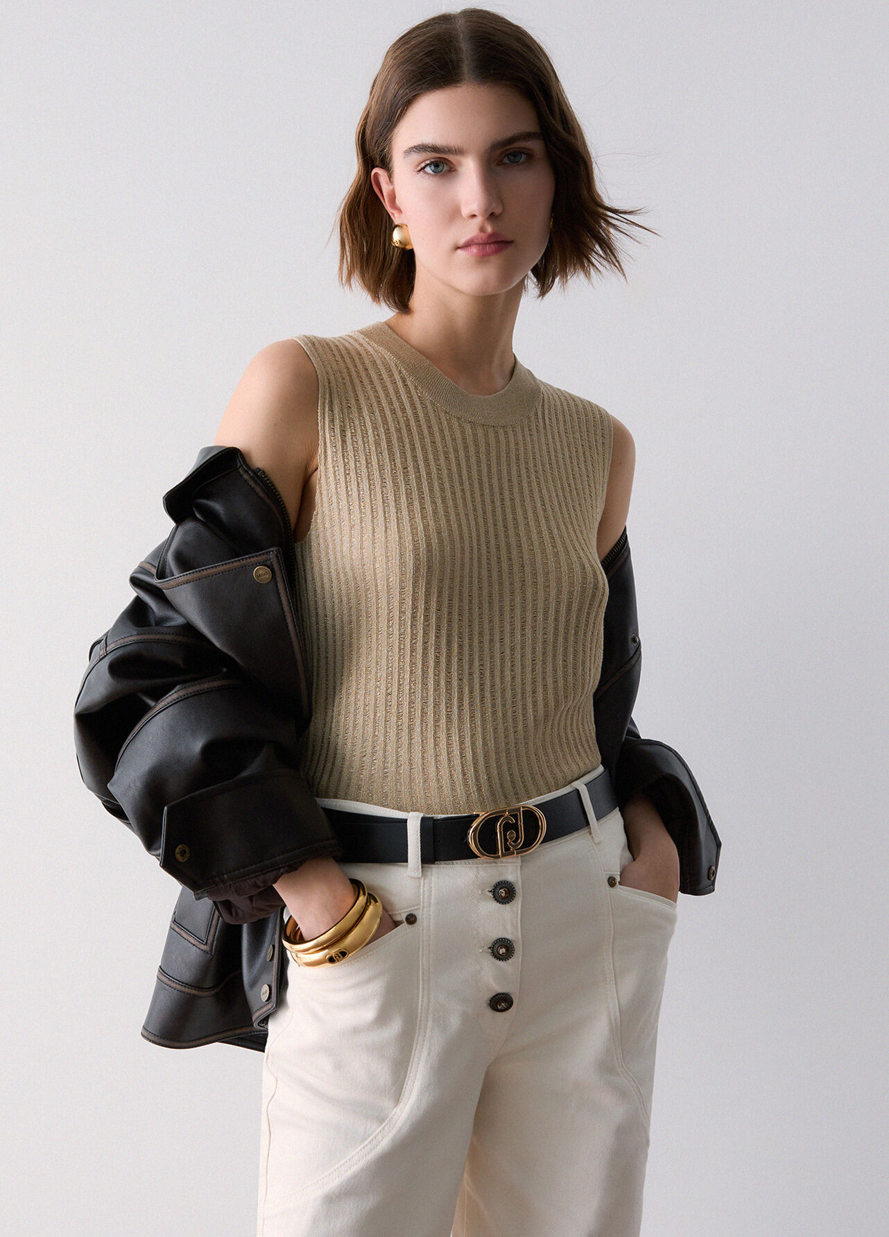 Top in maglia con fiocco - BEIGE