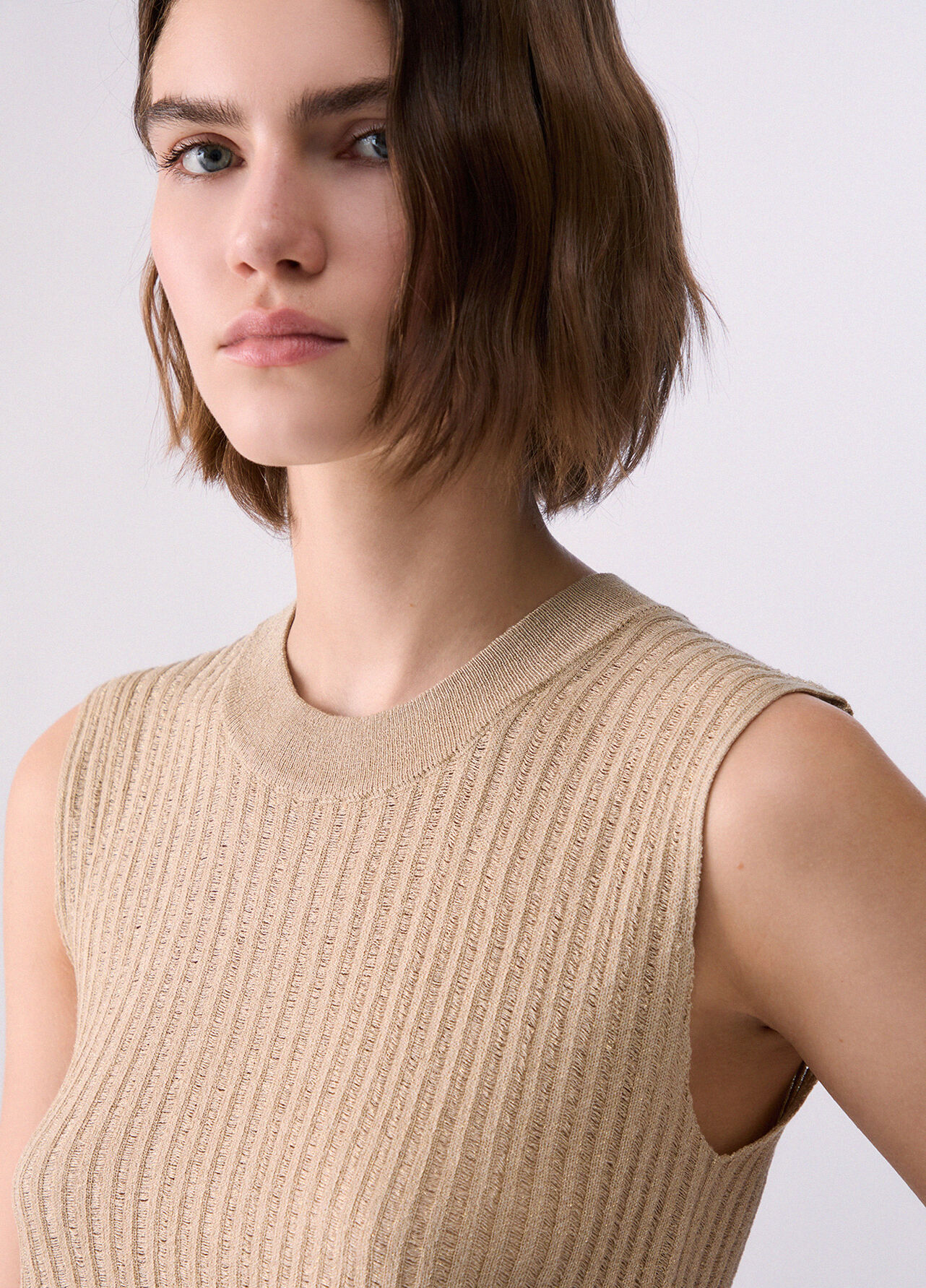 Top in maglia con fiocco - BEIGE