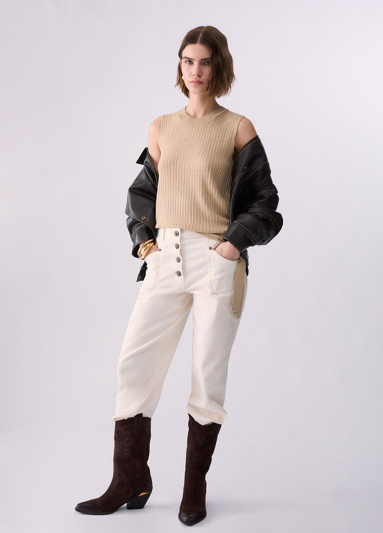 Top in maglia con fiocco - BEIGE