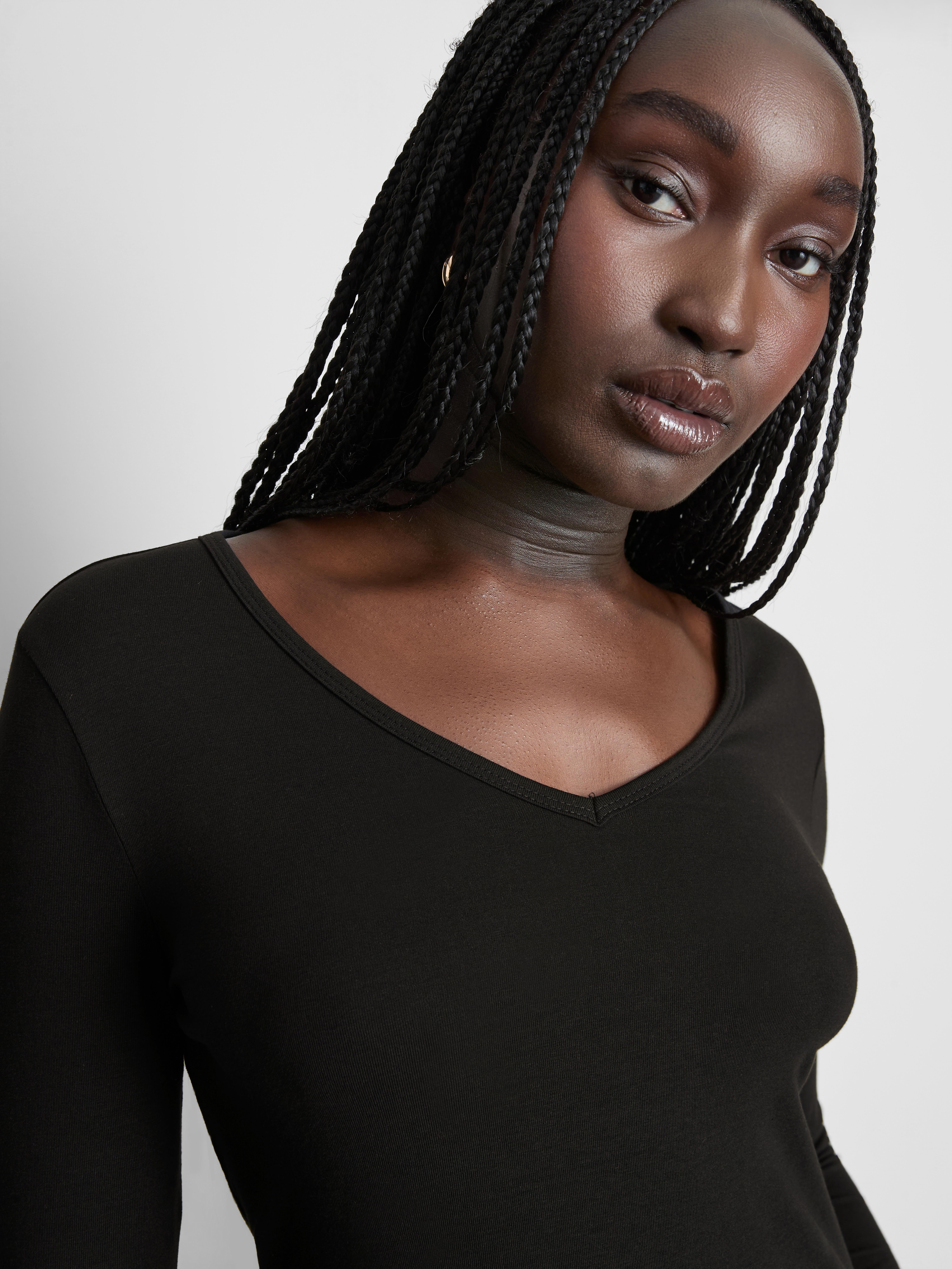 Cotton-Rich Long-Sleeve V-Neck Stretch Top - Black