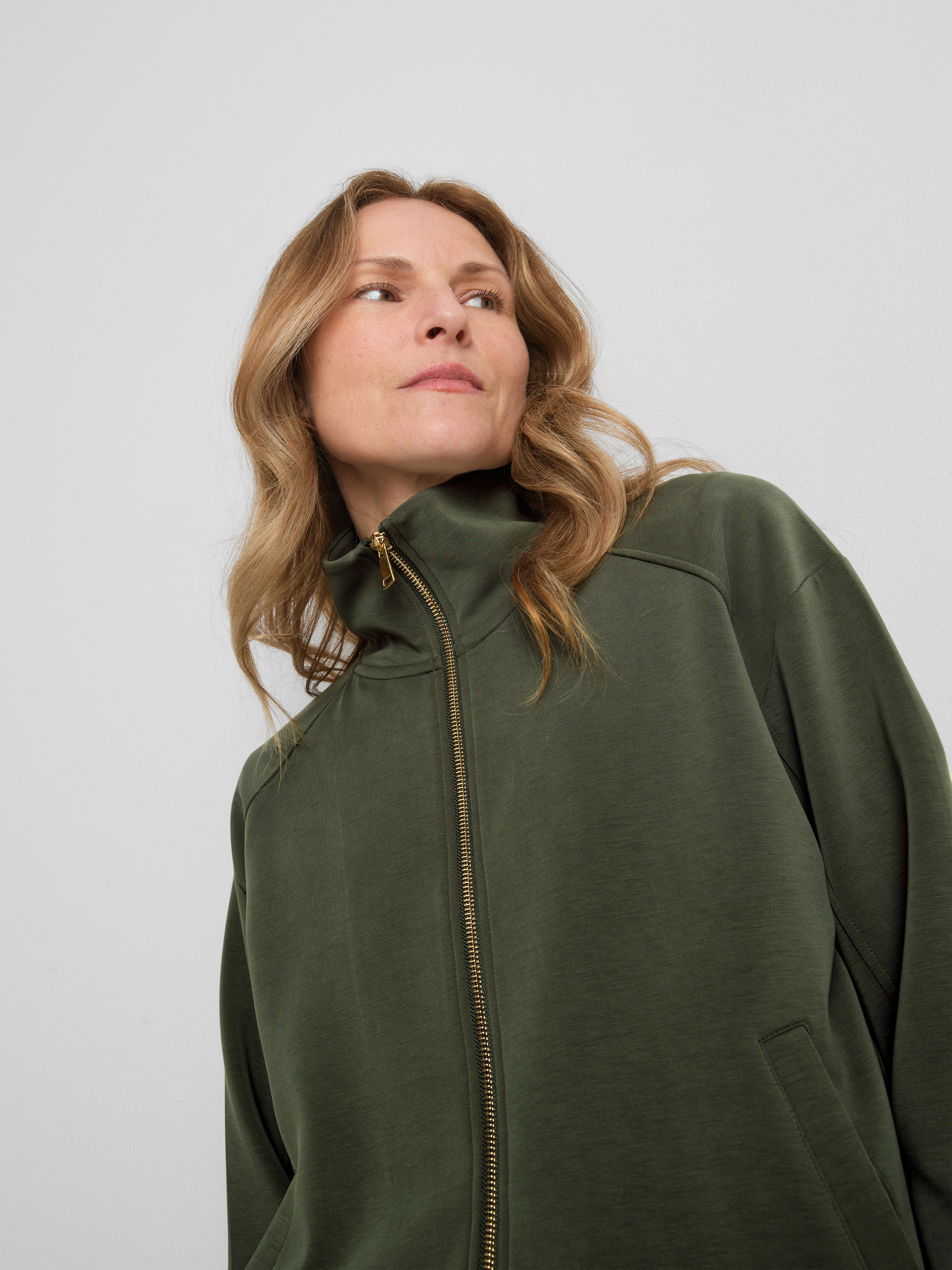 Modal Blend Zip Through Sweatshirt - Olive