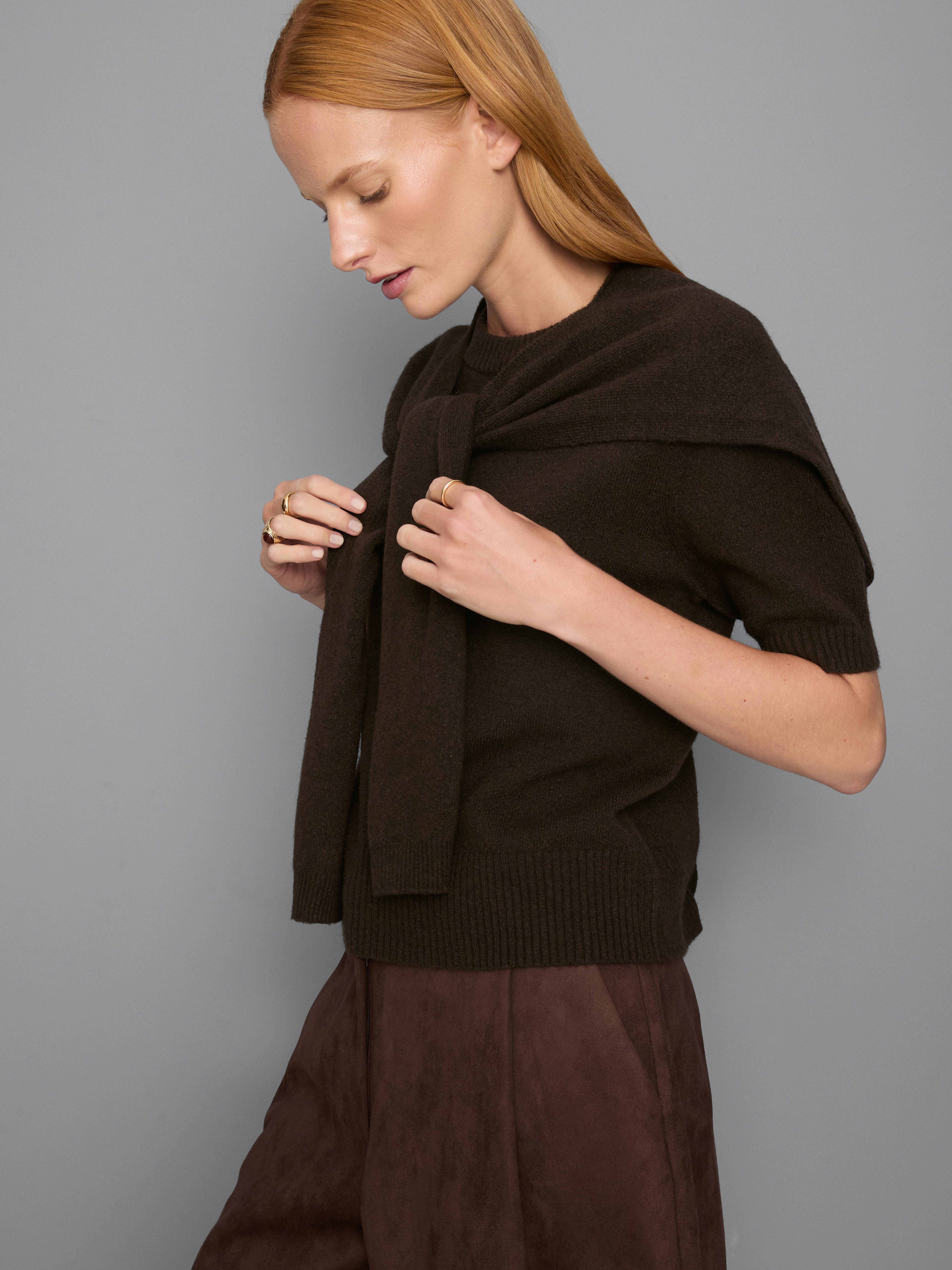 Knitted Tie Neck Tee - Chocolate