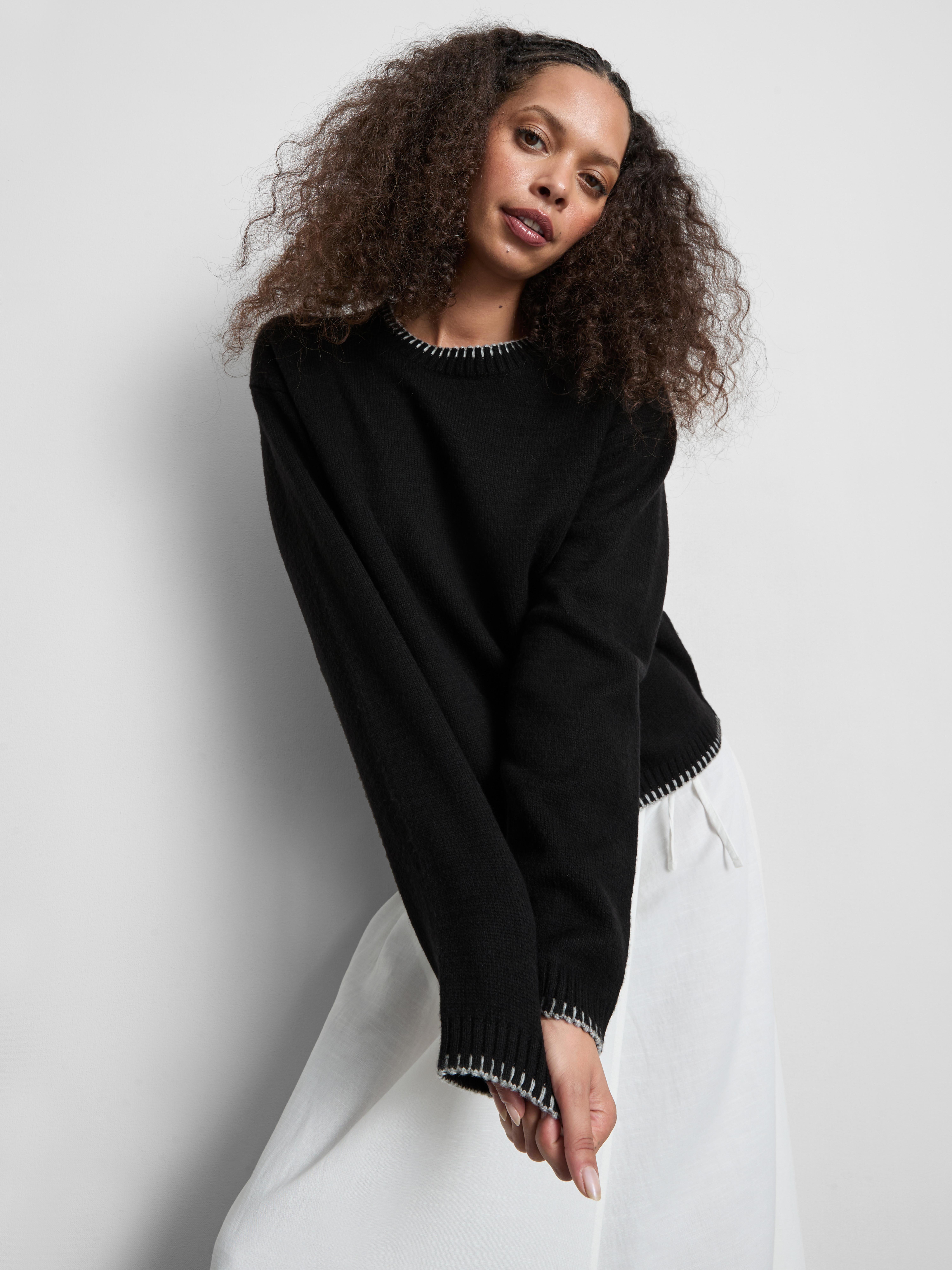 Knitted Stitch-Detail Crewneck Sweater - Black