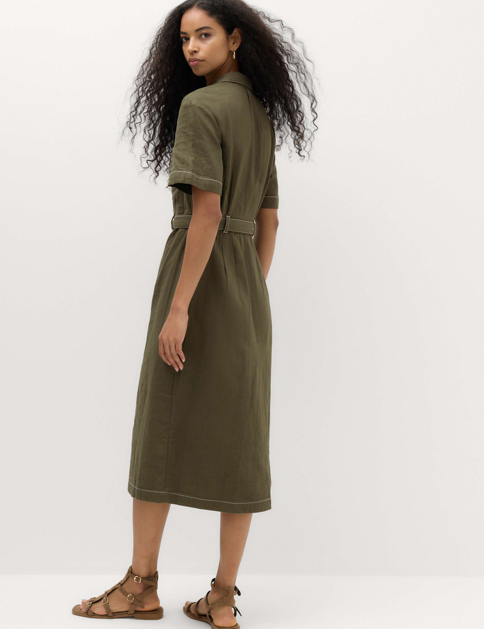 Pure Cotton Collared Belted Midi Utility Dress
