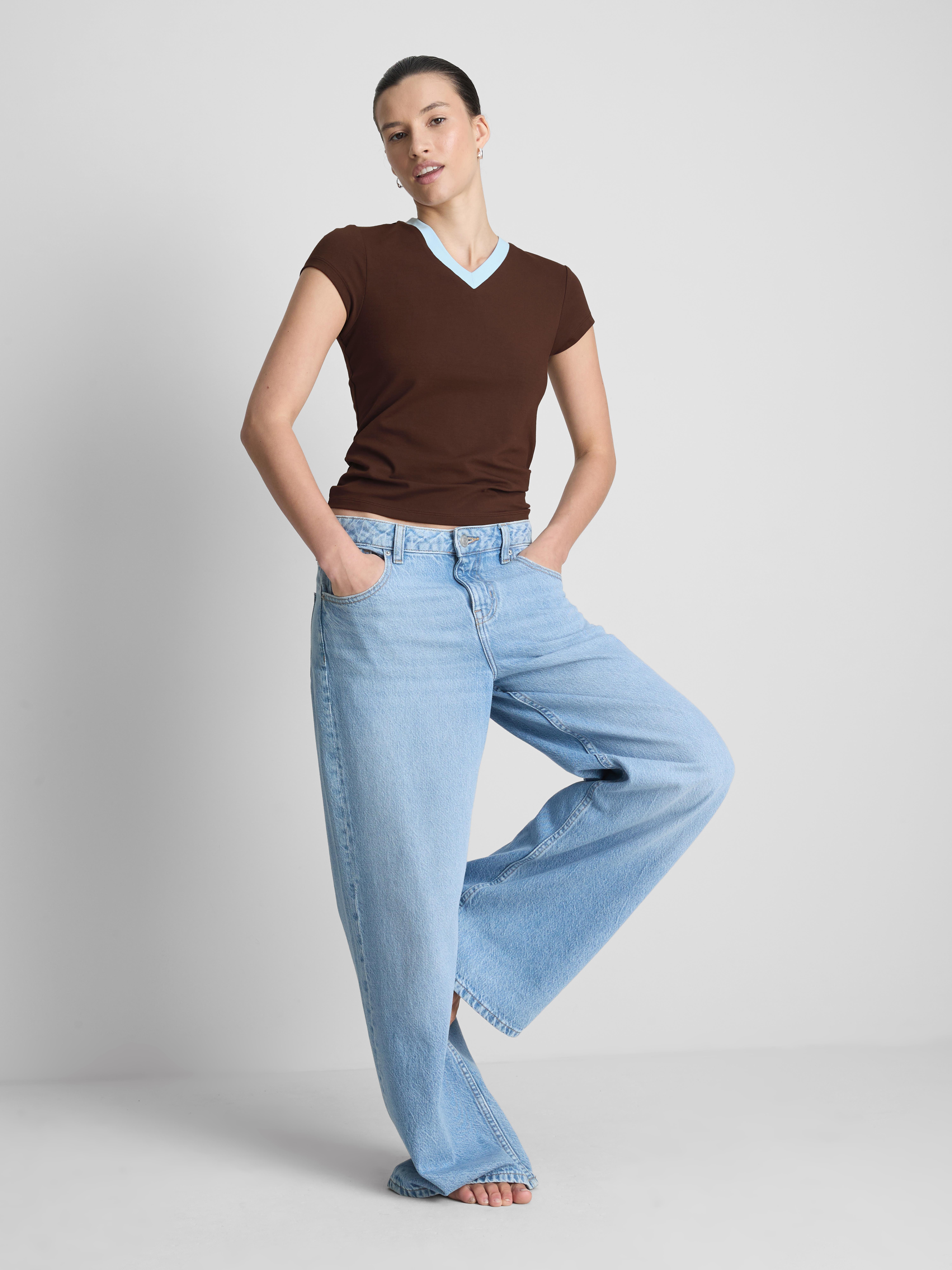 Cotton Rich Contrast V Neck Tee - Blue