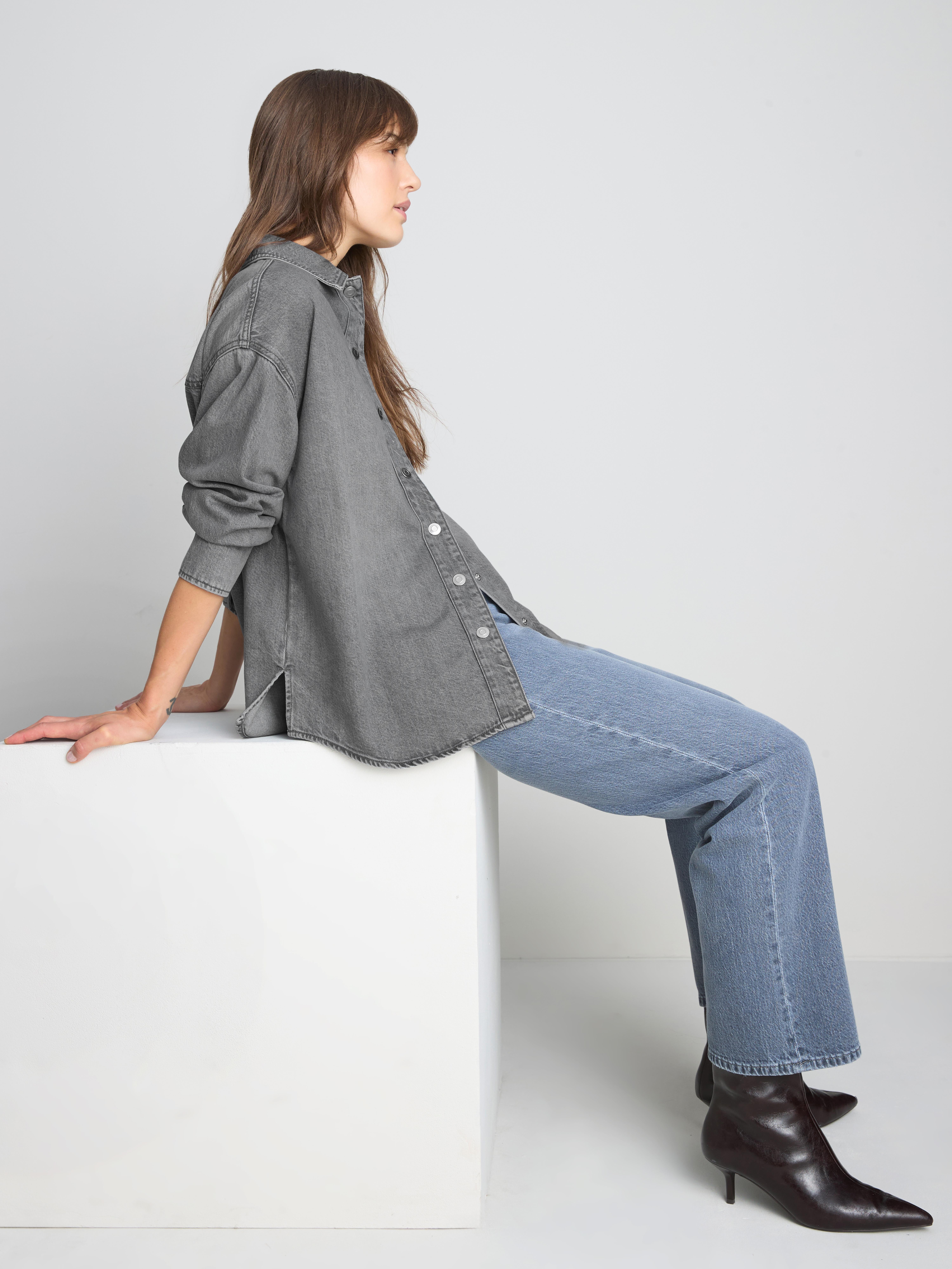 Relaxed Cotton Denim Button-Up Shirt - Gray