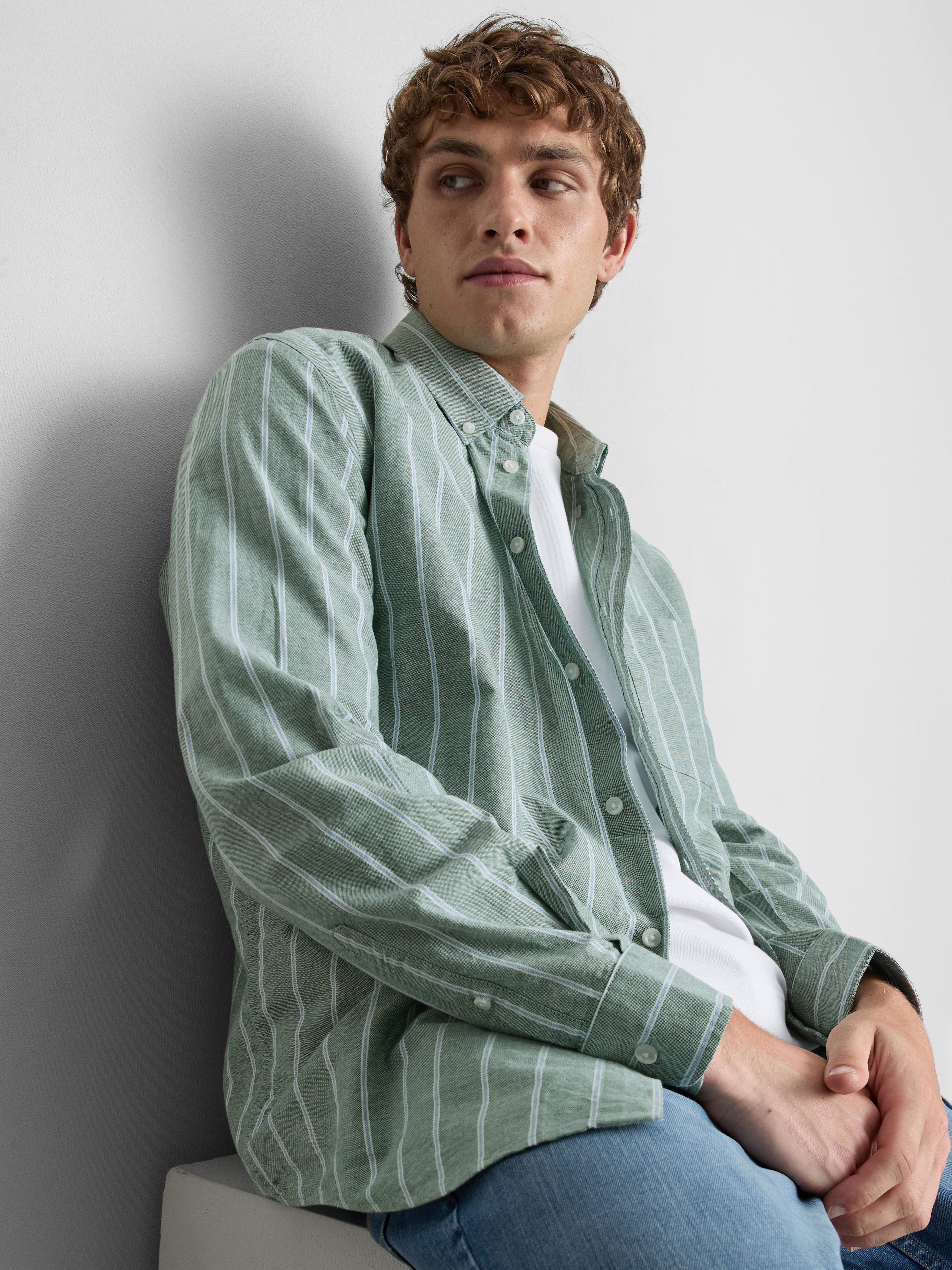 Pure Cotton Striped Oxford Shirt - Green