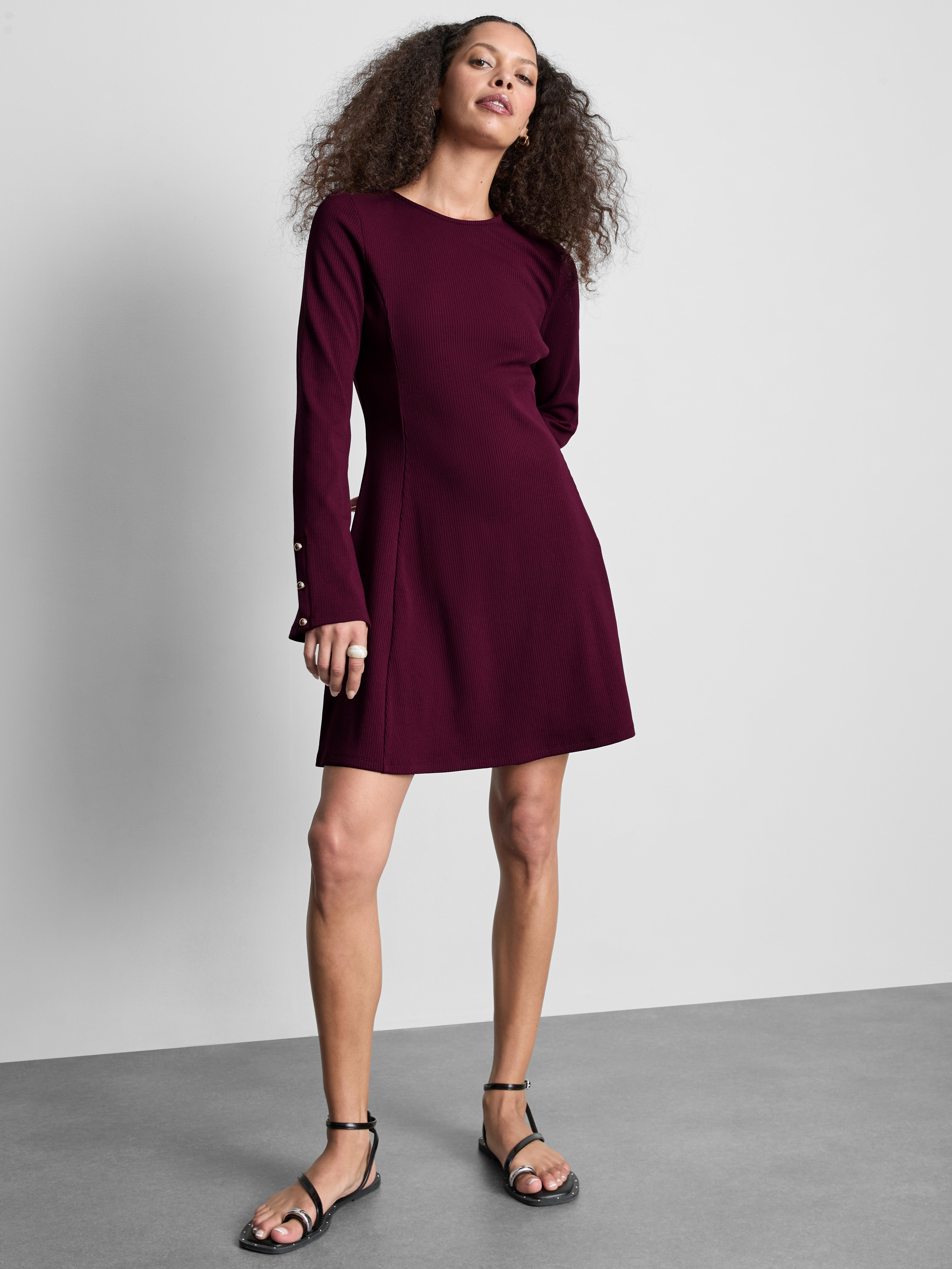 Ribbed A-Line Mini Dress - Plum