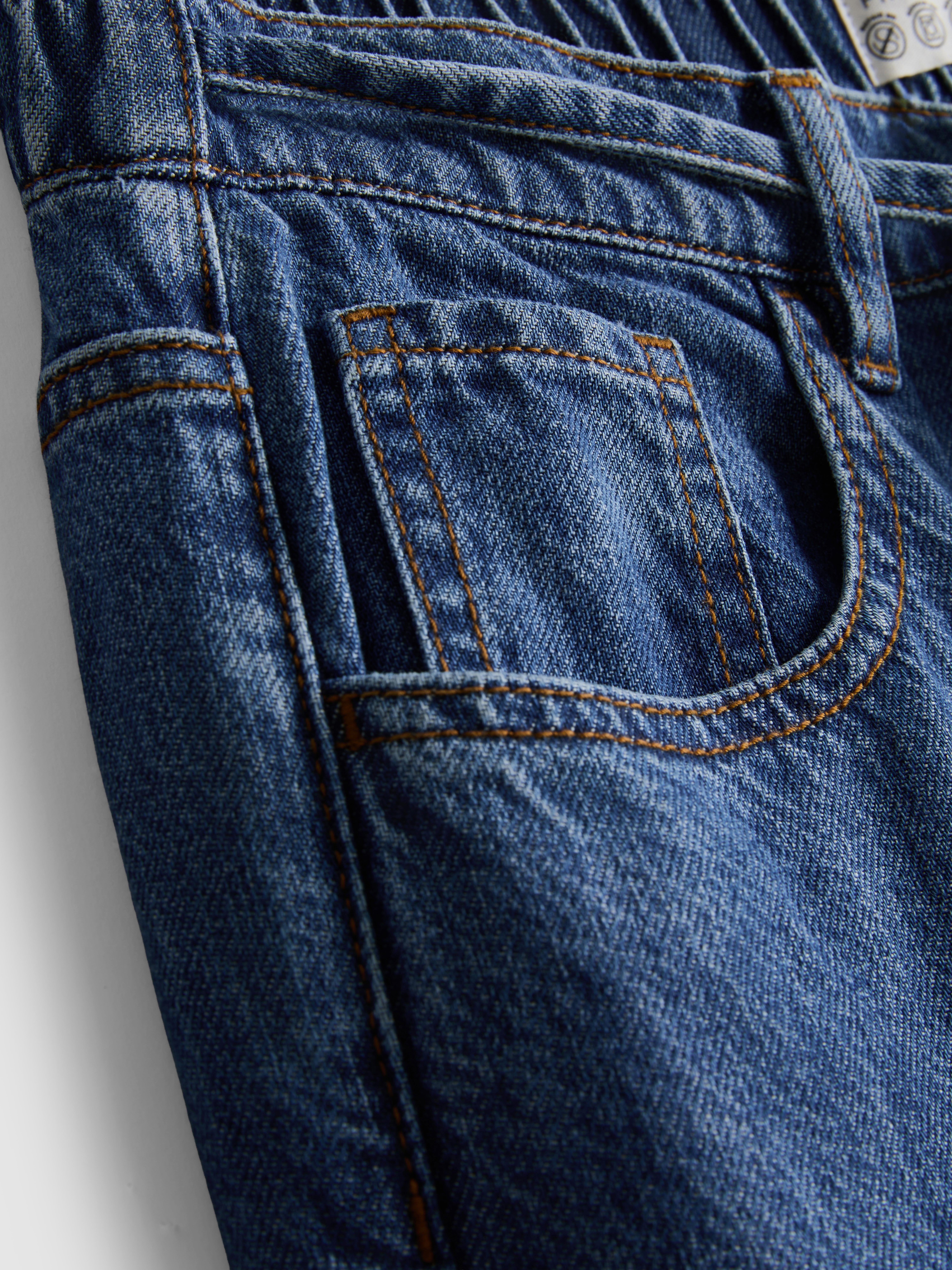 Cotton Denim Wide-Leg Drawstring Jeans - Mid Blue