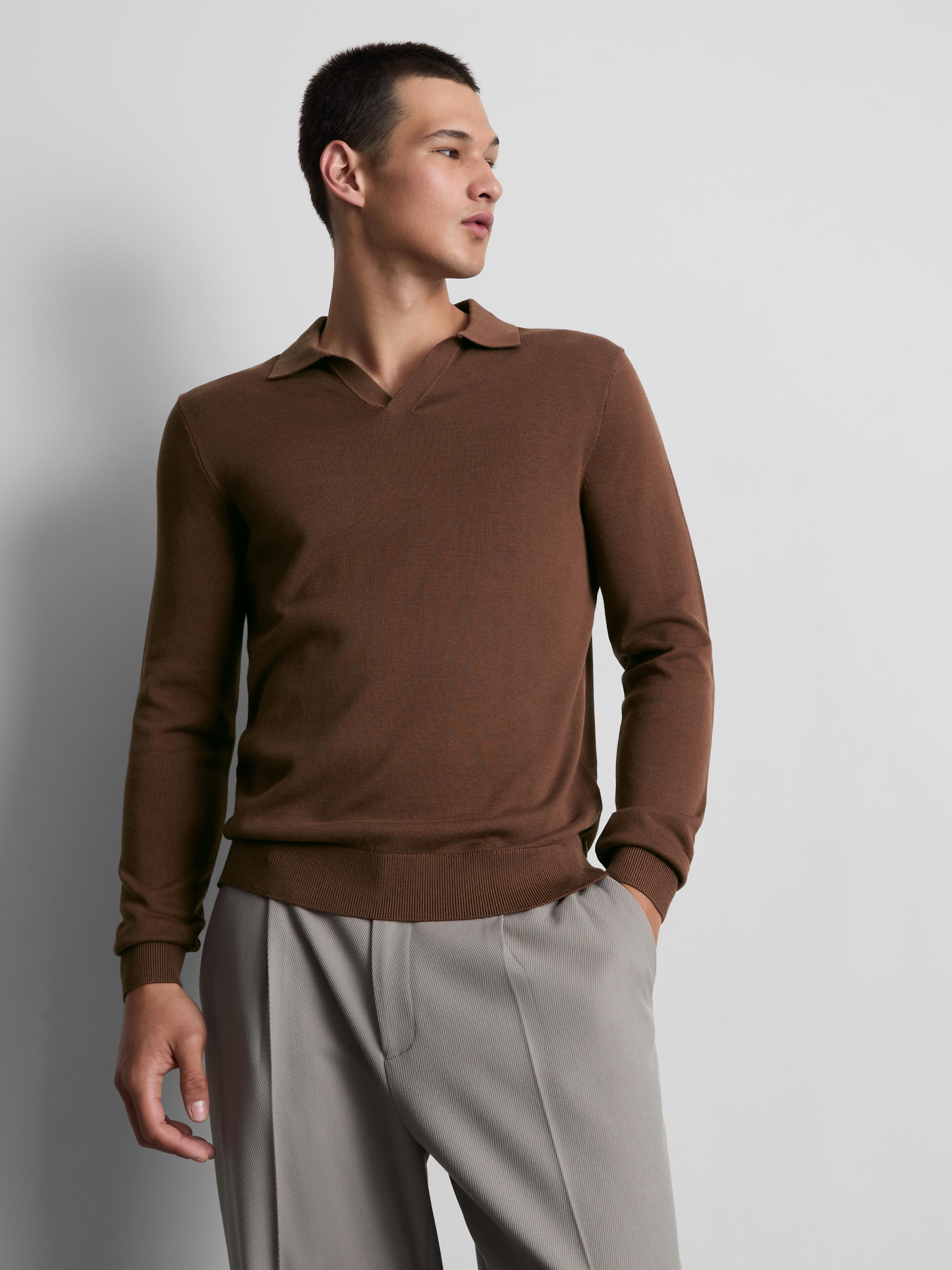 Knitted Long-Sleeve Polo Shirt - Dark Brown