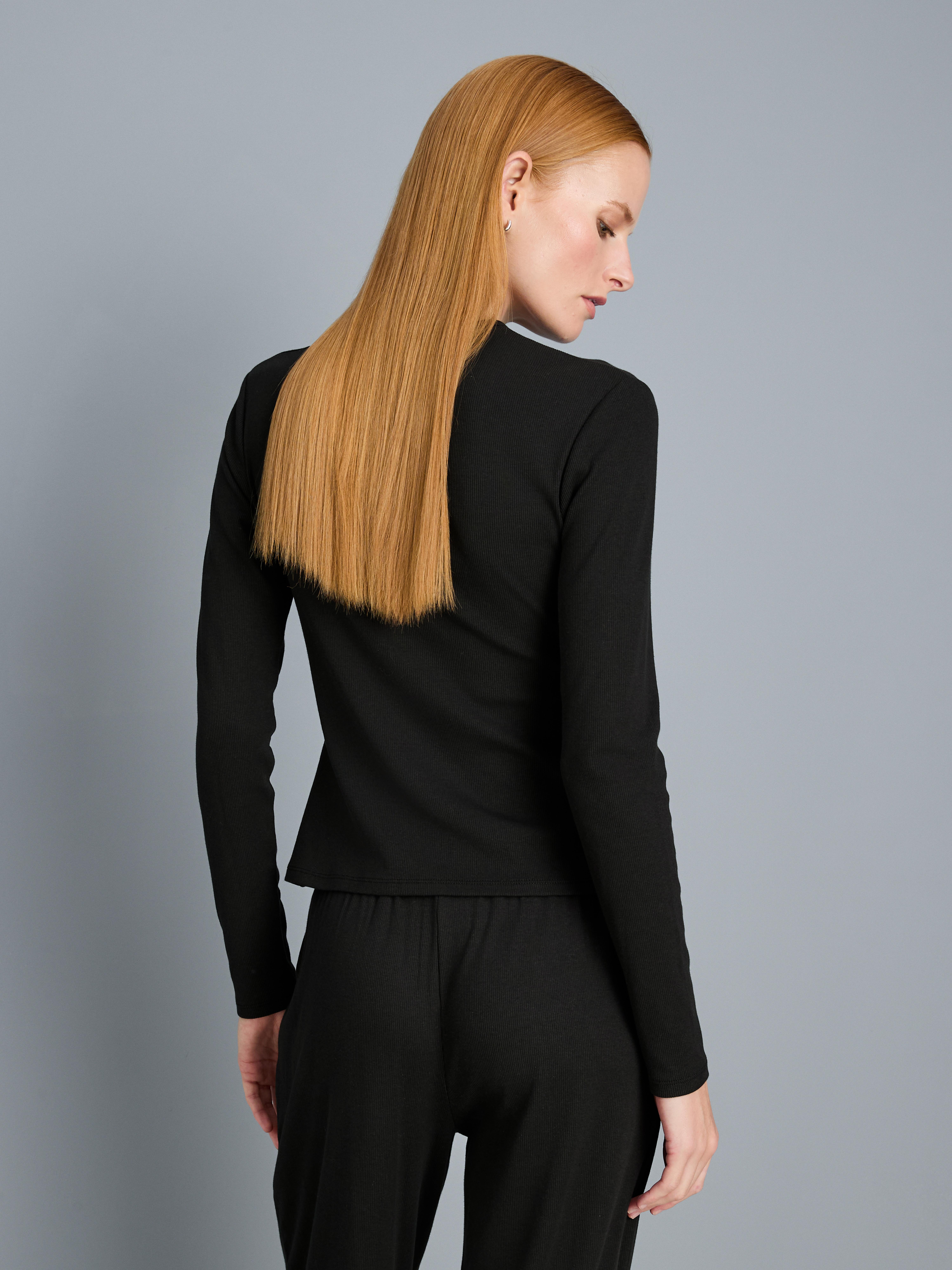 Ribbed Long Sleeve Henley Top - Black