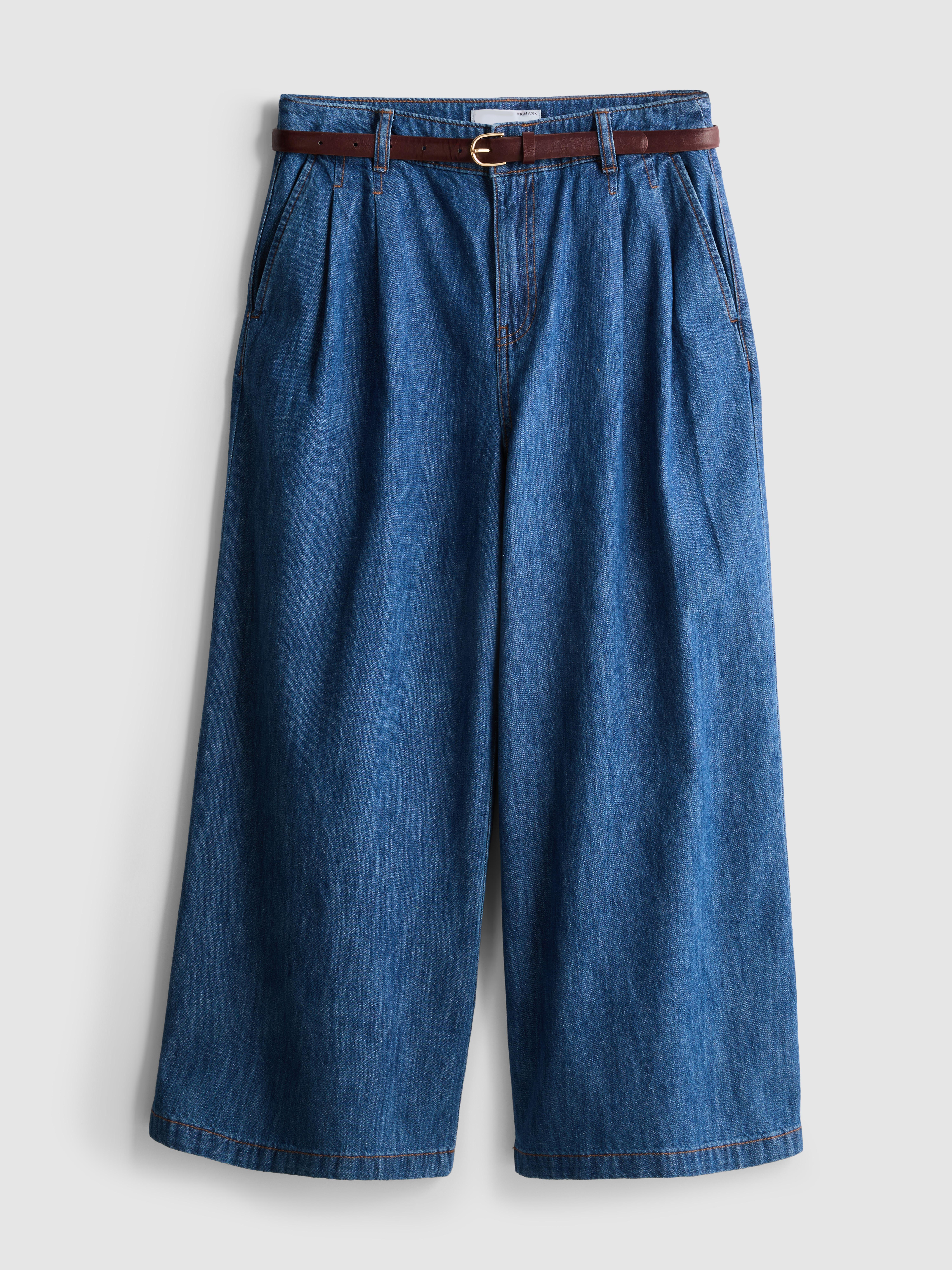 Cotton Denim Belted Culotte Pants - Mid Blue