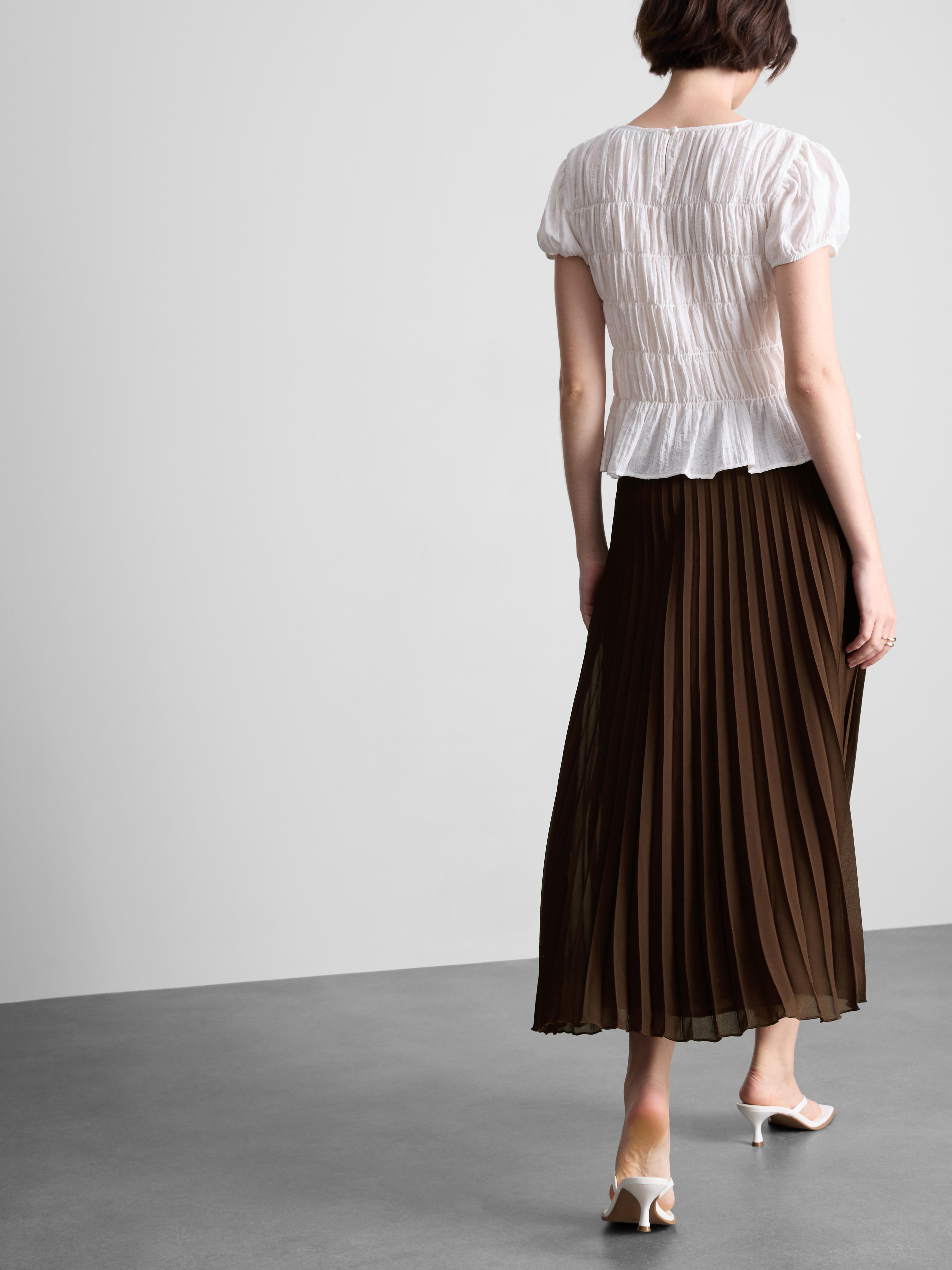 Pleated Chiffon Midi Skirt - Chocolate