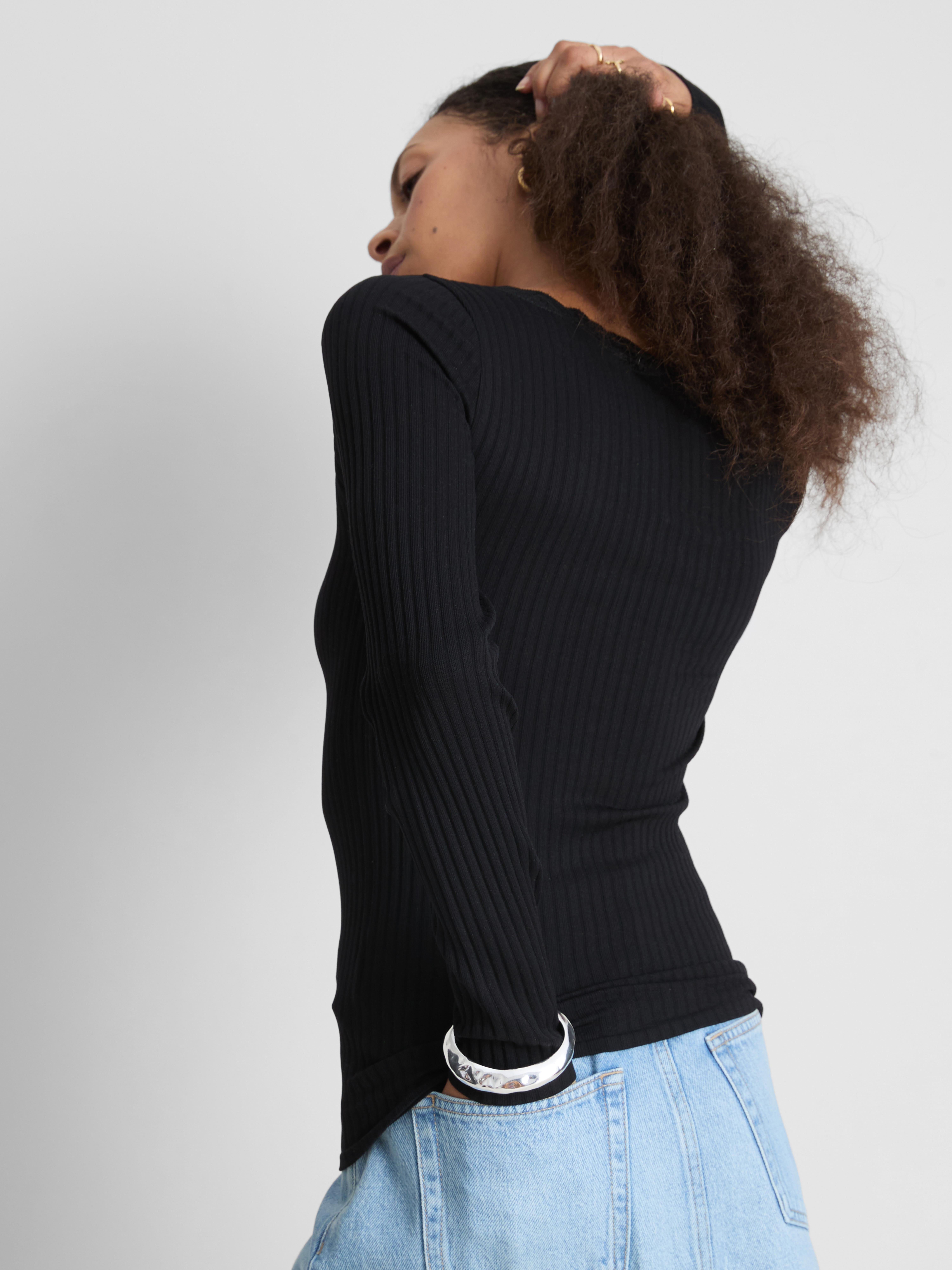 Ribbed Long-Sleeve Squareneck Top - Black