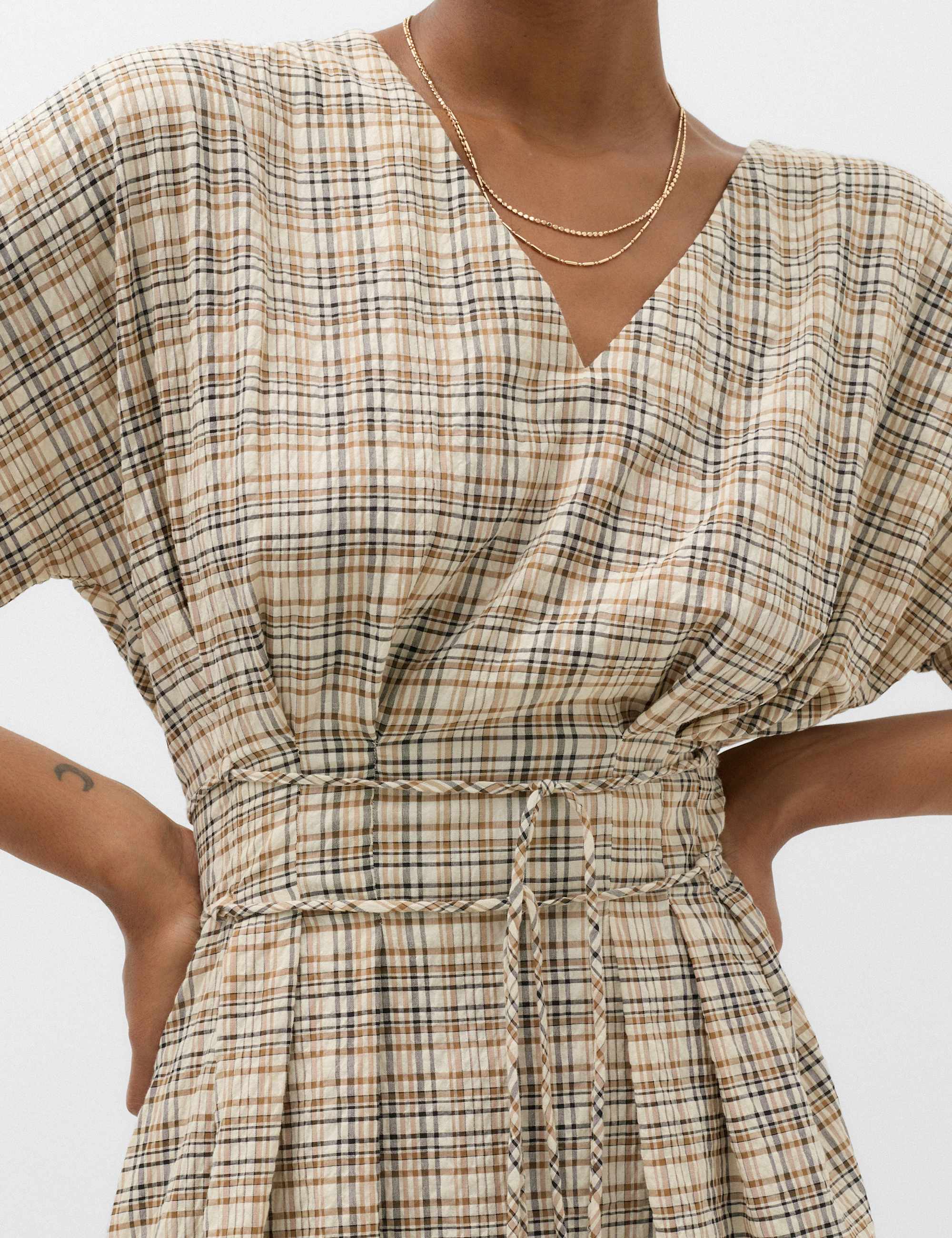 Pure Cotton Checked V-Neck Midi Waisted Dress