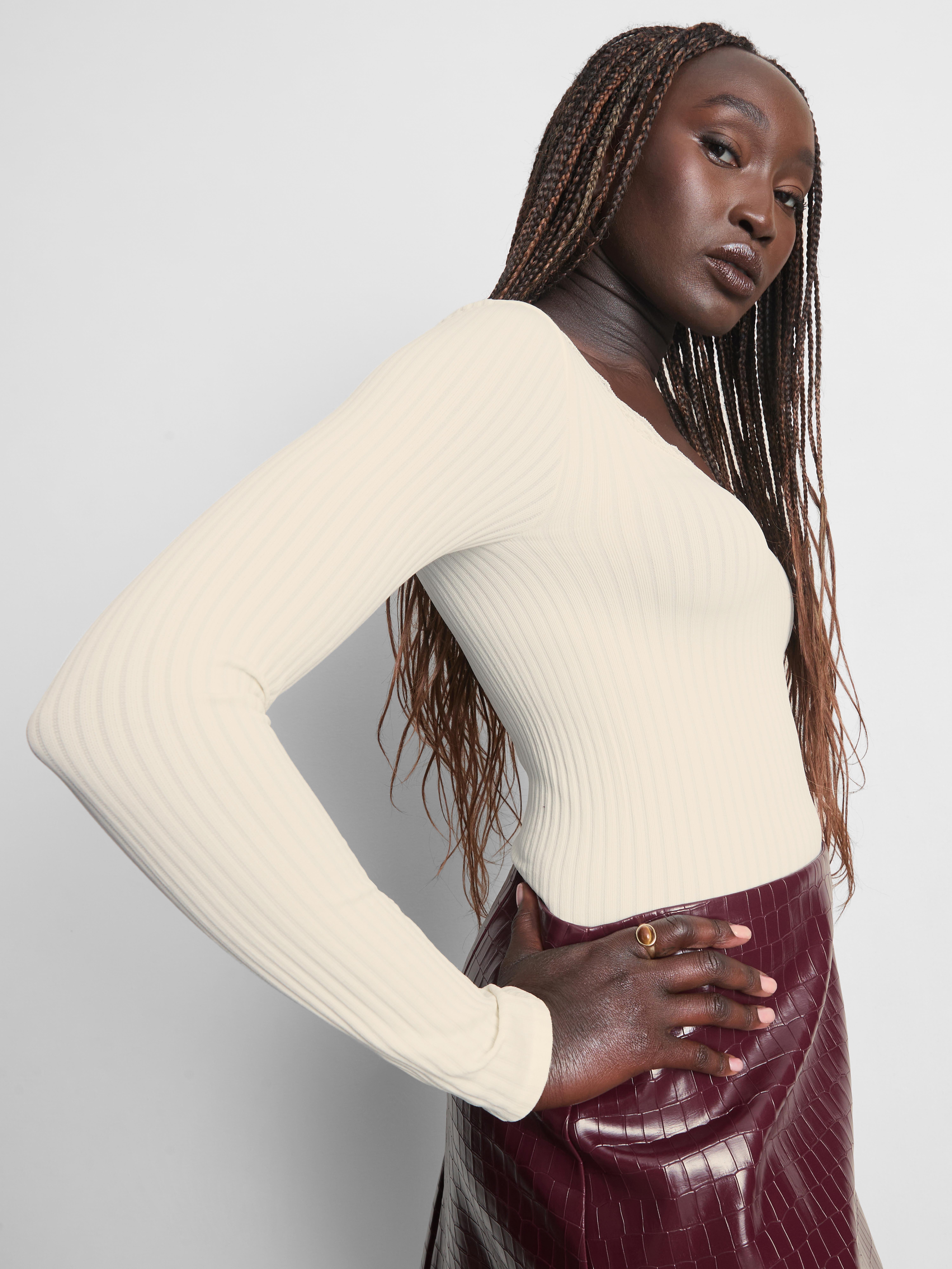 Ribbed Long-Sleeve Squareneck Top - Cream