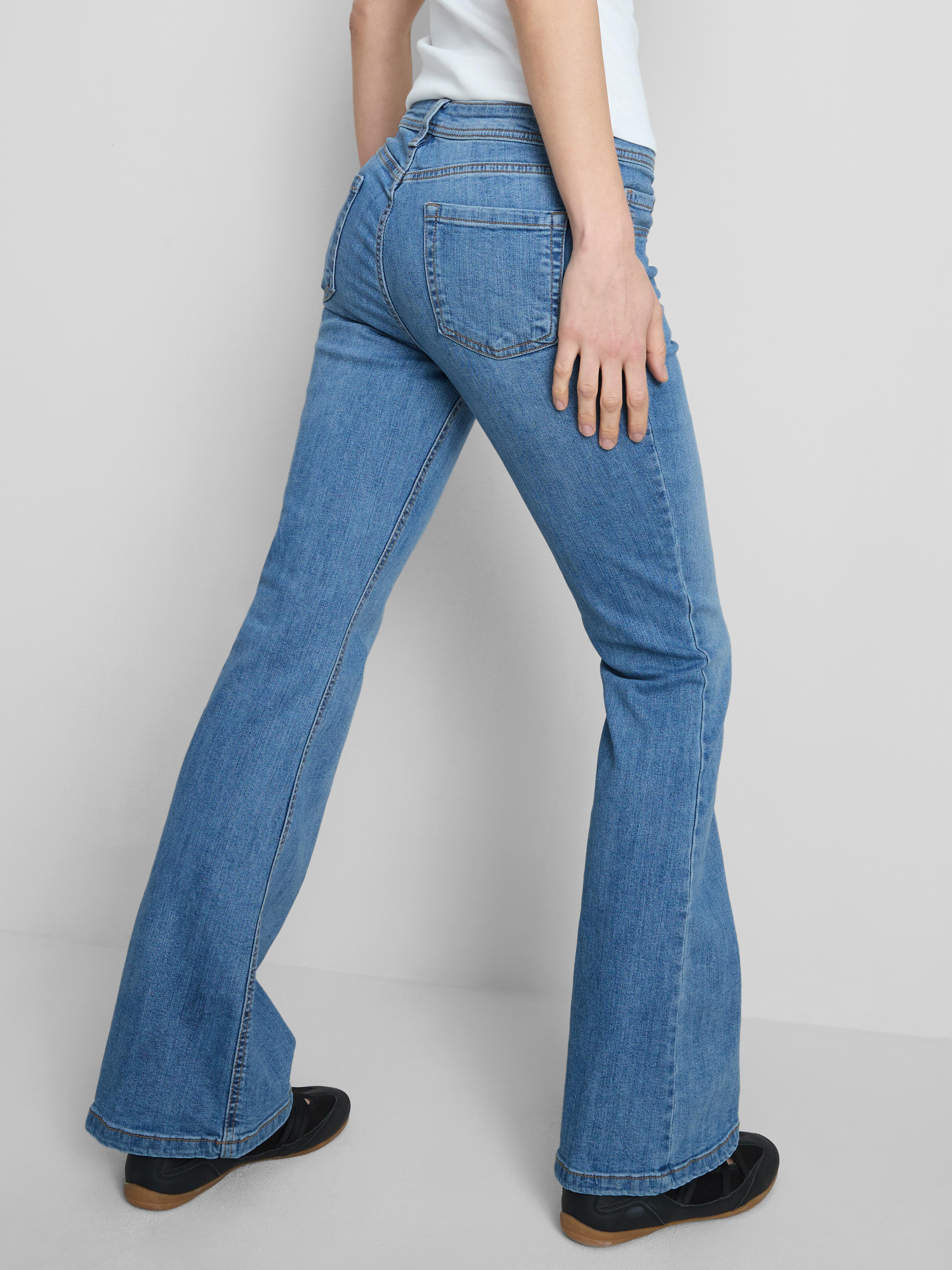 Cotton Denim Flared Mid-Rise Jeans - Mid Blue