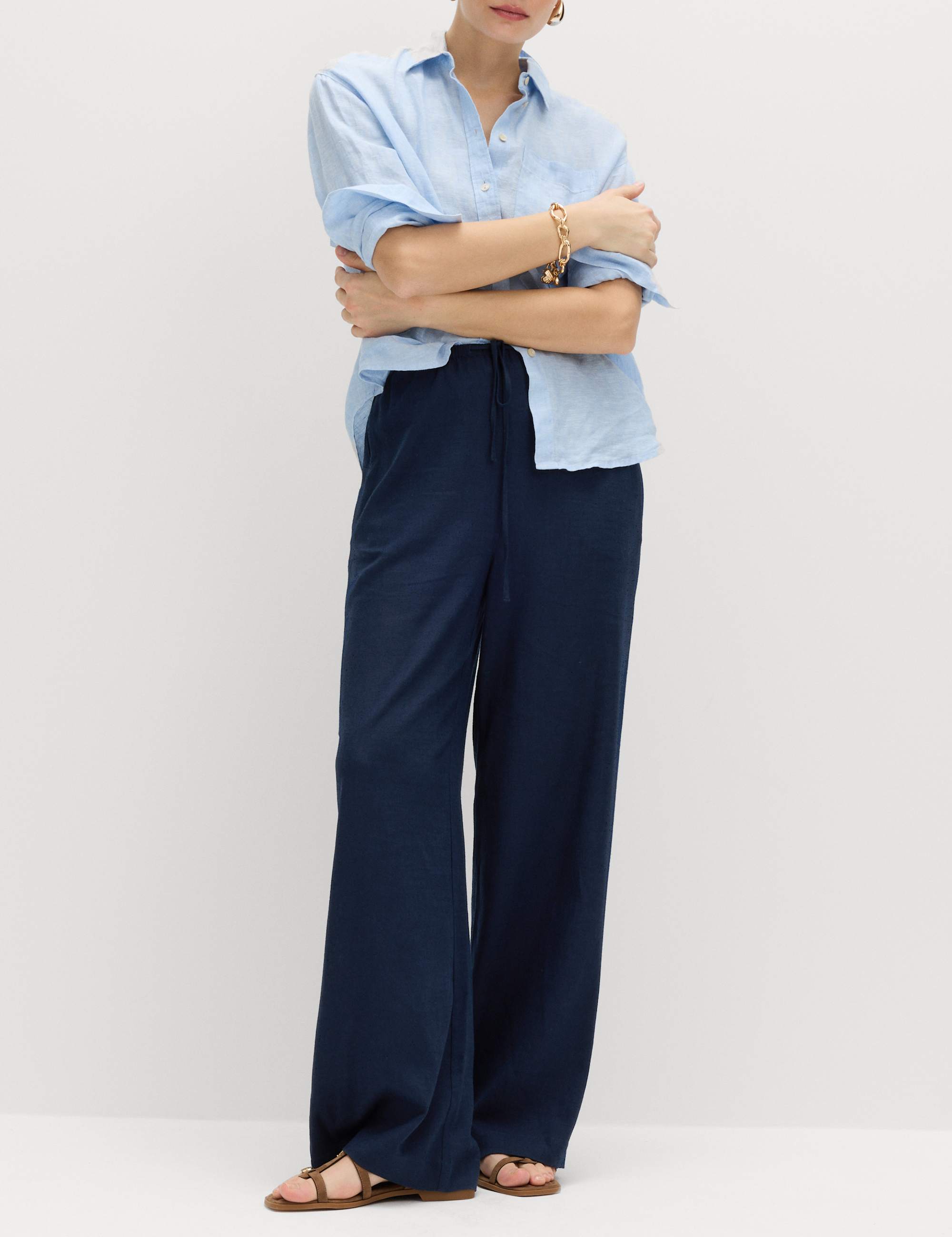 Drawstring Wide Leg Trousers with Linen