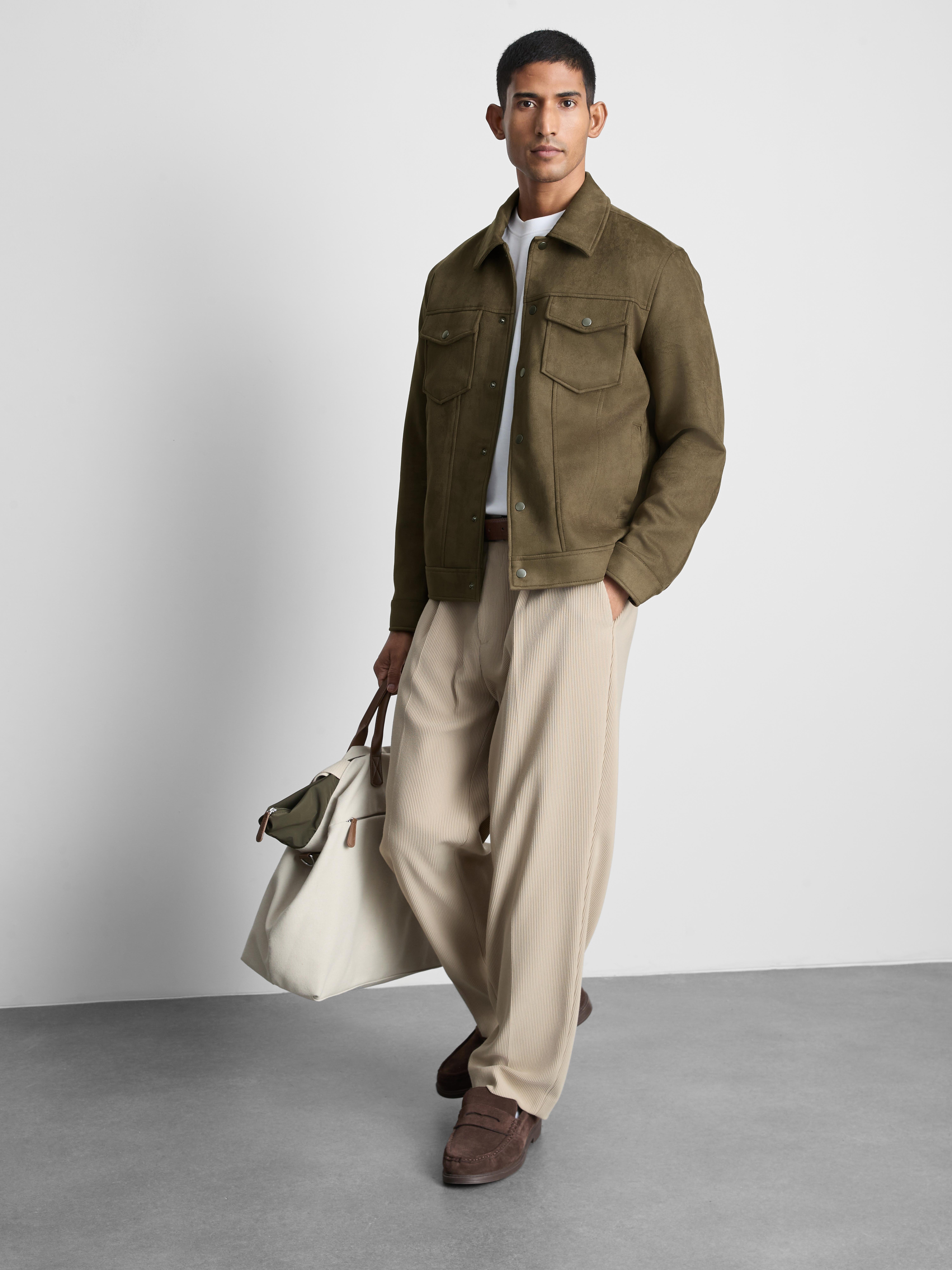 Faux Suede Trucker Jacket - Olive